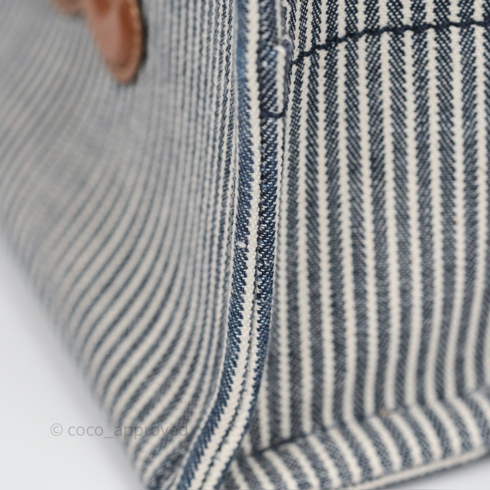 Celine Small Triomphe Cabas Thais Navy Blue Striped Canvas & Tan Calfskin Shoulder Bag - Luxury Designer Tote for Women, Perfect for Work, Travel and Everyday Use