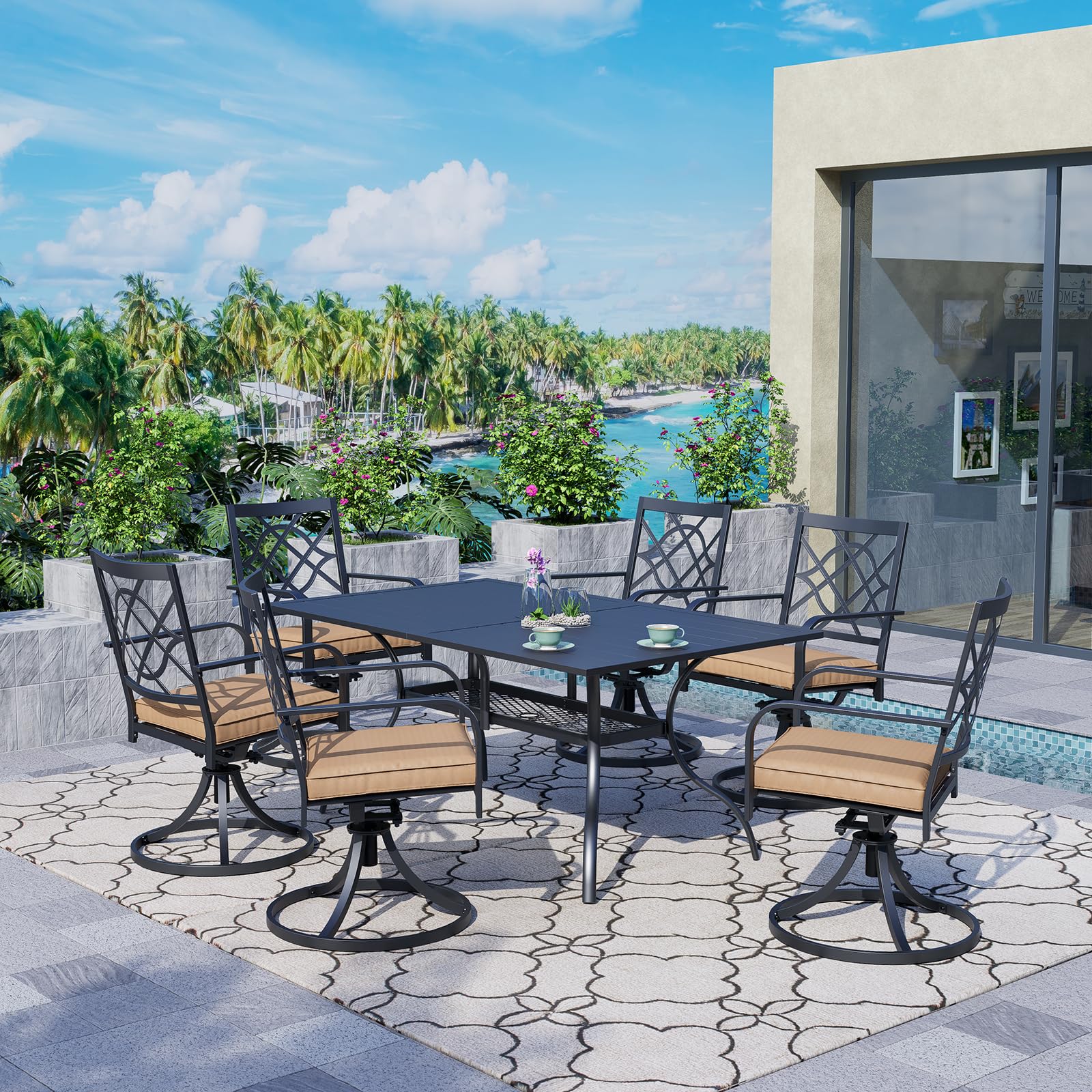 SOLAURA 7-Piece Outdoor Patio Dining Set - 6-Person Metal Swivel Chairs with Slat Table Top & 1.57