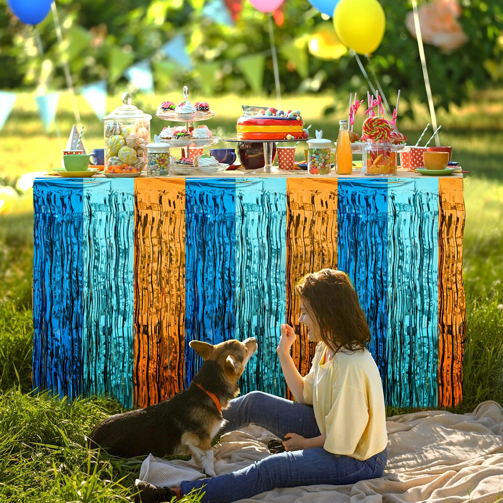 Blue Dog Birthday Party Decorations - 6ft/8ft Wavy Blue & Orange Metallic Tinsel Foil Fringe Table Skirt for Square/Round Tables (2 Pack, 29x108 Inches) | Perfect for Blue Dog Themed Parties, Baby Showers & Pet Celebrations