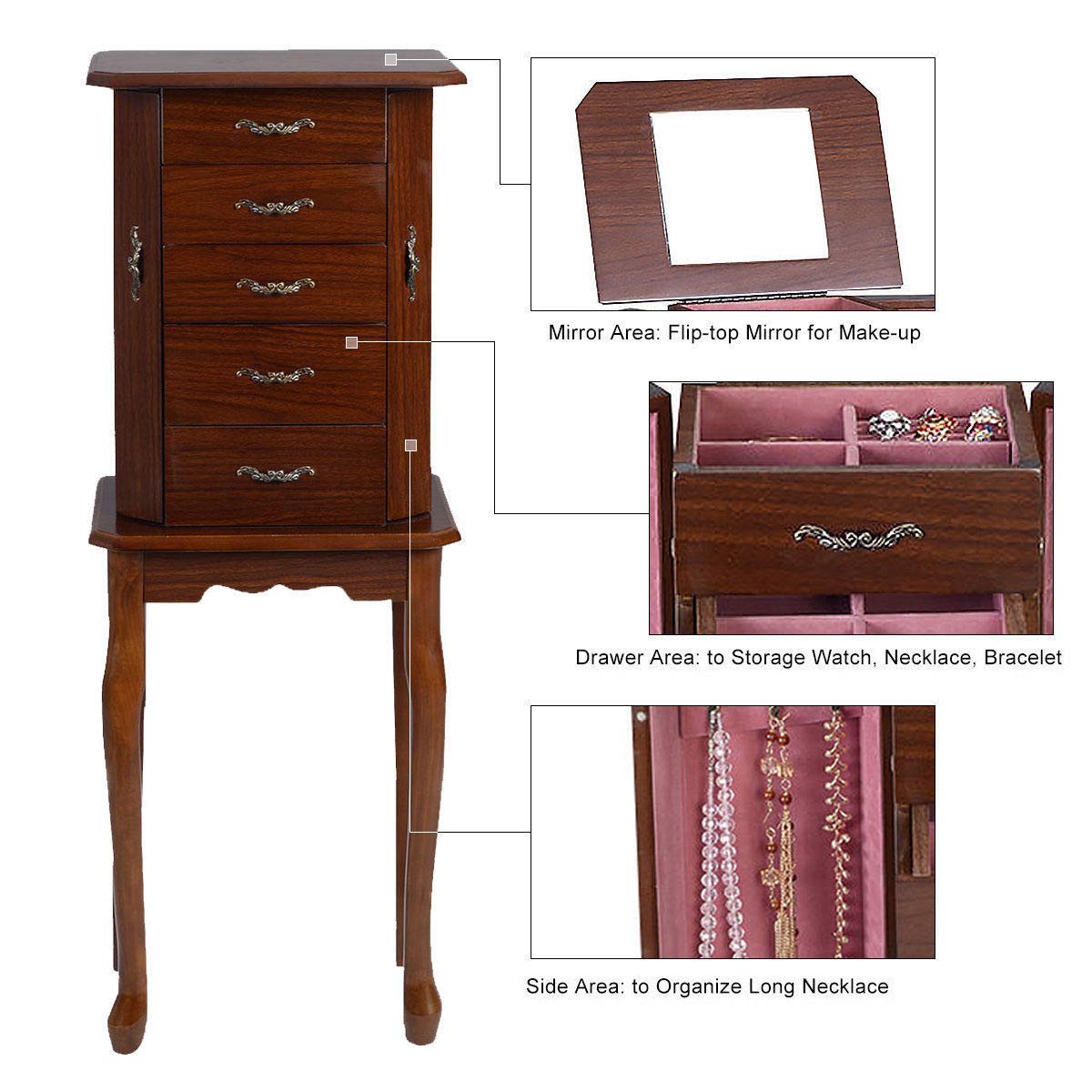 Giantex Standing Jewelry Cabinet Armoire with Flip Top Mirror - Jewelry Storage Organizer with 2 Side Doors for Necklaces & Accessories - Walnut Jewelry Box Chest for Women & Girls - Perfect for Bedroom, Closet & Dressing Room Organization