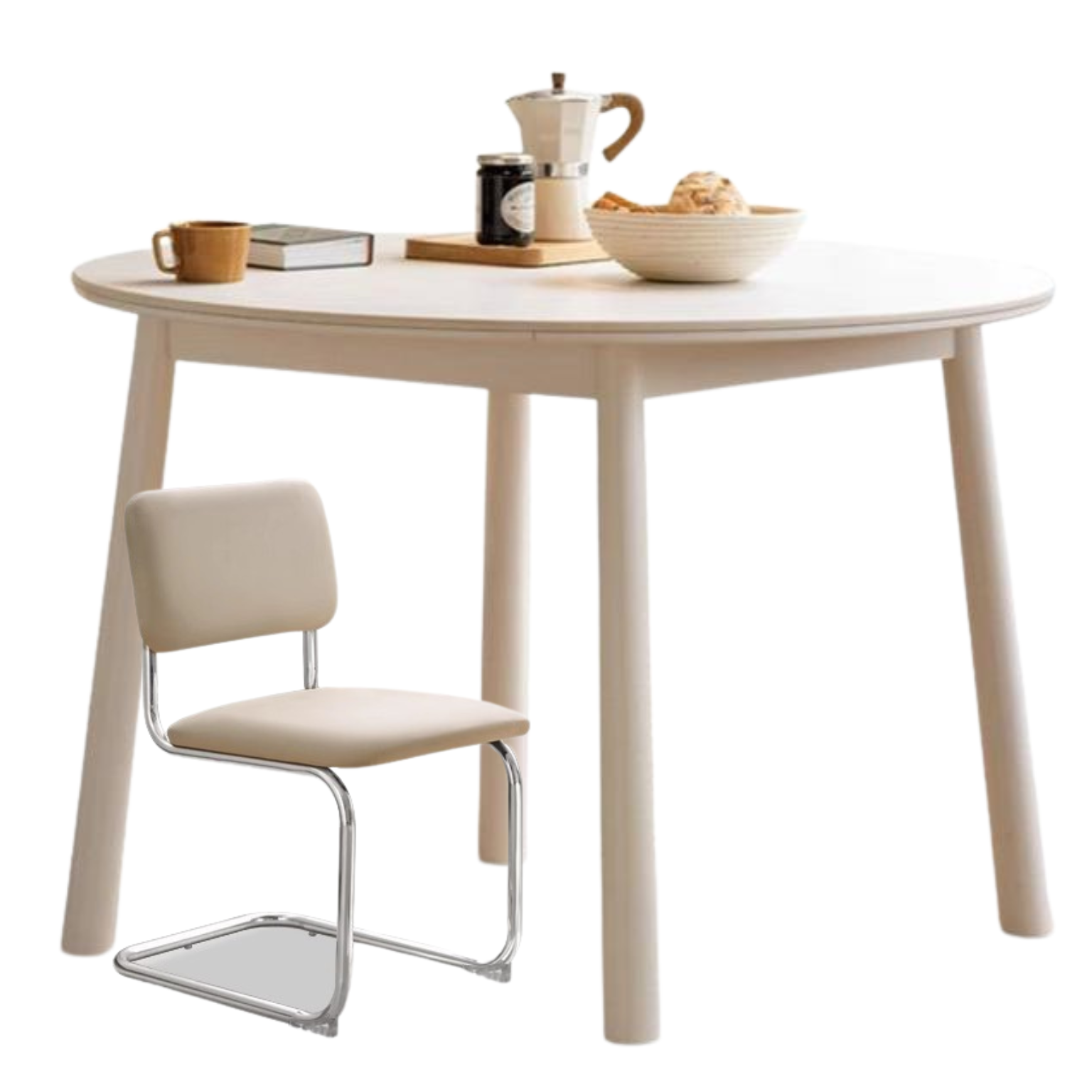 Birch Solid Wood Round Dining Table - White Cream Style Rock Board - Perfect for Modern Kitchens, Dining Rooms & Small Spaces