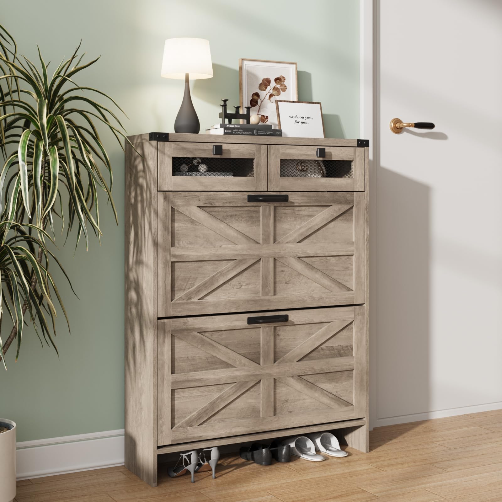 Farmhouse Shoe Storage Cabinet with 2 Flip Drawers & 2 Drawers - Narrow Freestanding Entryway Shoe Rack for Hallway, Living Room or Bedroom Organization - Grey Wooden Shoe Cabinet for Small Spaces