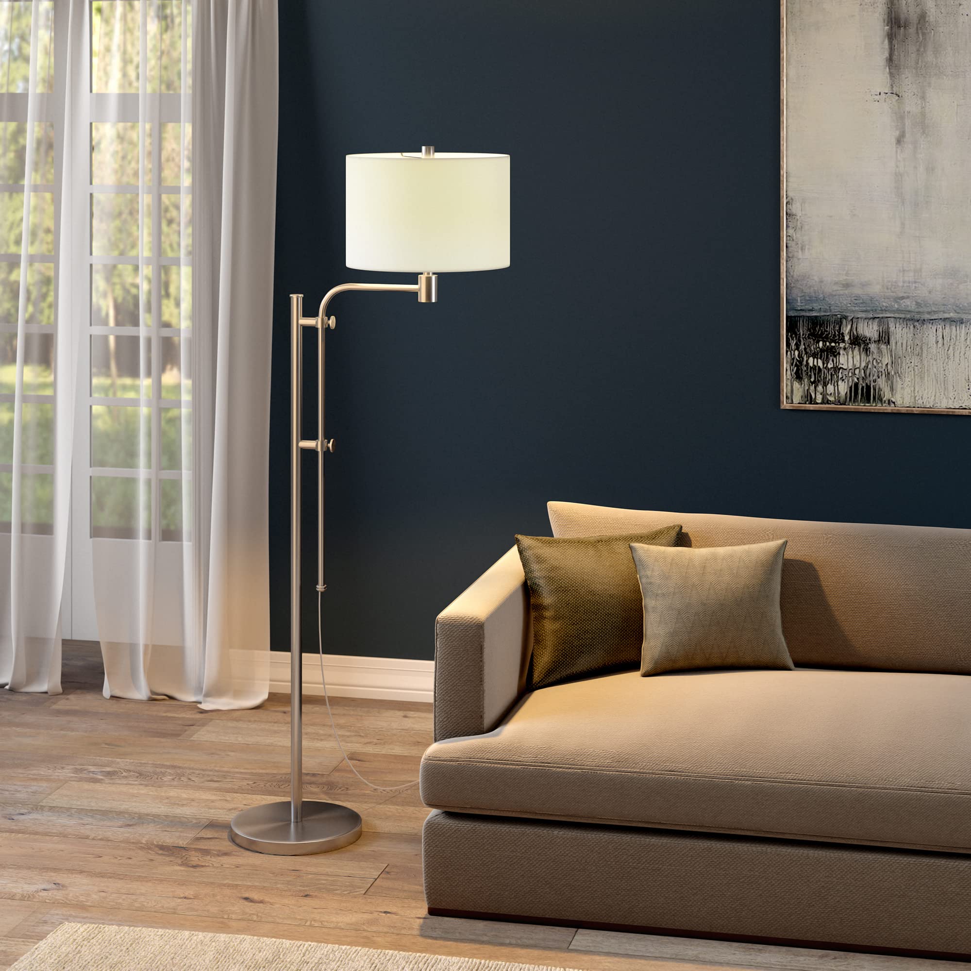 Henn&Hart Adjustable Floor Lamp with Fabric Shade - Brushed Nickel Finish for Living Room, Bedroom, Office | Modern Lighting for Reading, Working & Relaxing