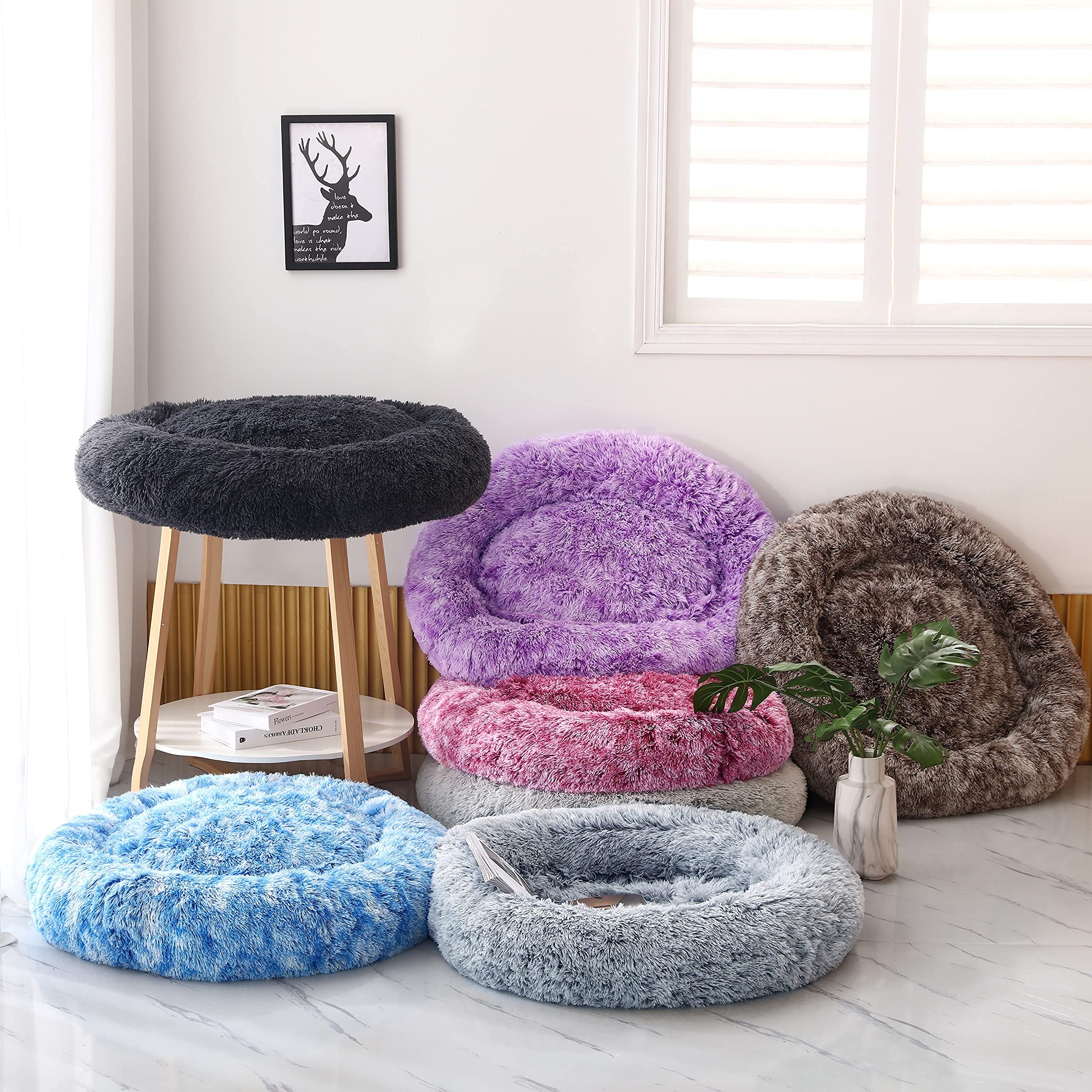 39 Inch Calming Donut Dog Bed - Round Anti-Anxiety Faux Fur Pet Cushion with Removable Washable Cover, Fluffy Comfy Furry Bed for Small to Large Dogs (Dark Grey) - Perfect for Anxiety Relief, Cuddling & Relaxation in Living Room or Bedroom