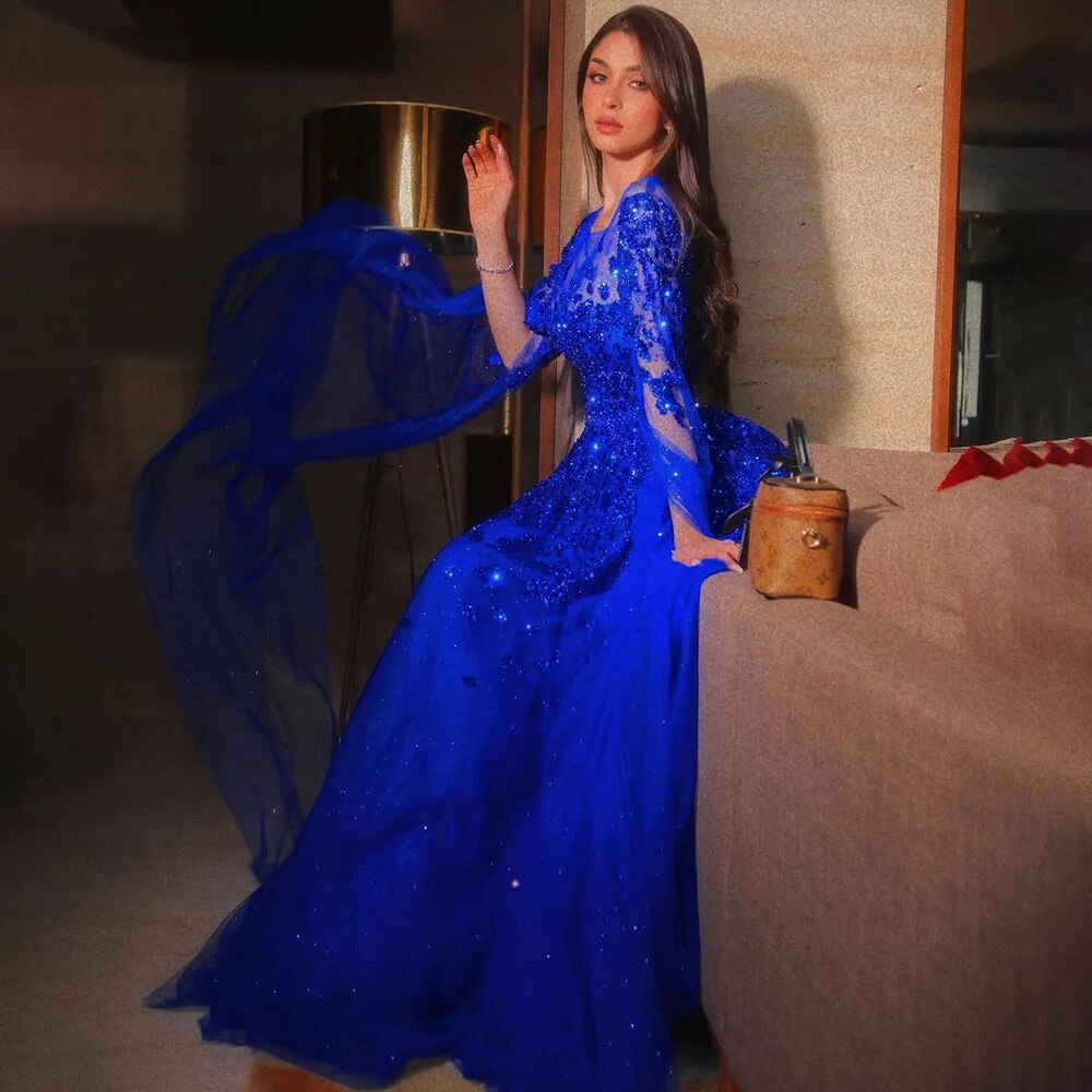 Serene Hill Blue Arabic Cape Sleeves Beaded Luxury Dubai Evening Dress Gown - Elegant Formal Gown for Women 2025 | Perfect for Wedding Parties, Red Carpet Events & Special Occasions