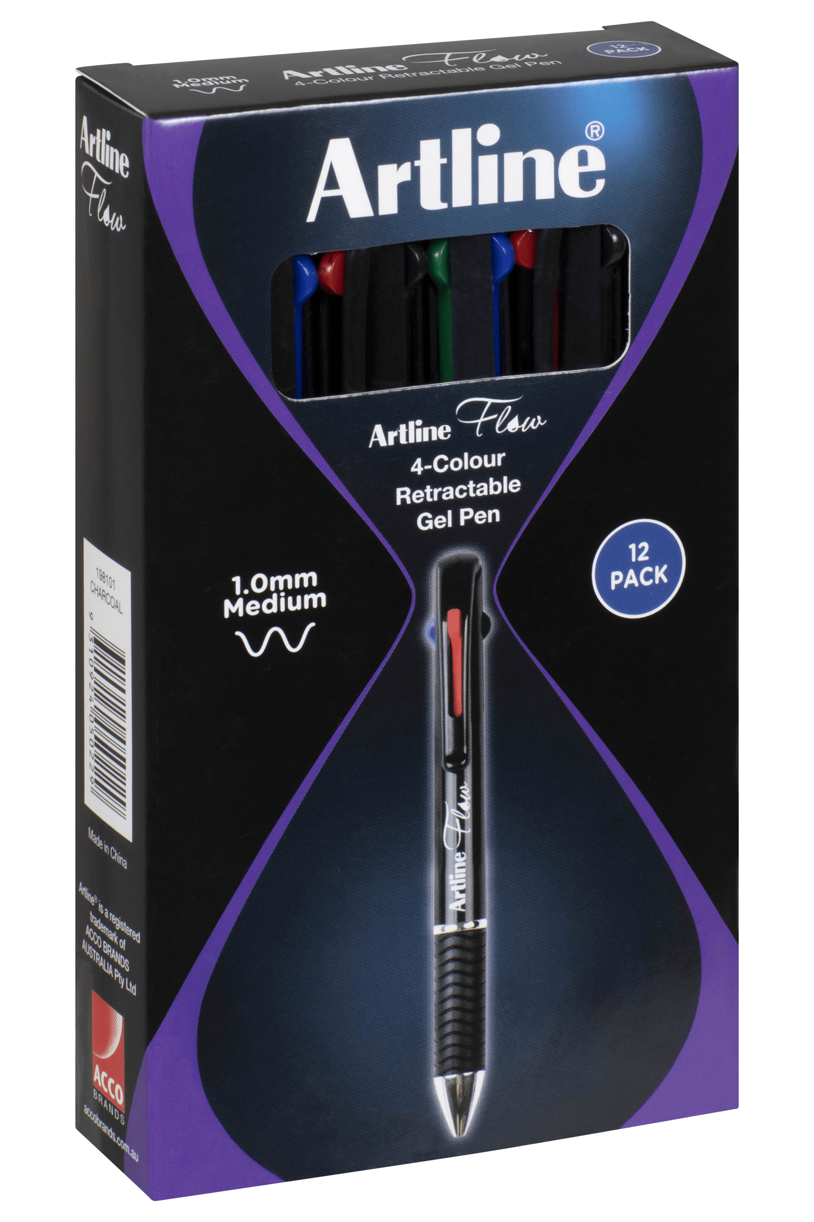 Artline Flow 4-Color Retractable Ballpoint Pens - 12 Pack for School, Office & Note Taking - Smooth Writing Multicolor Pens for Students & Professionals