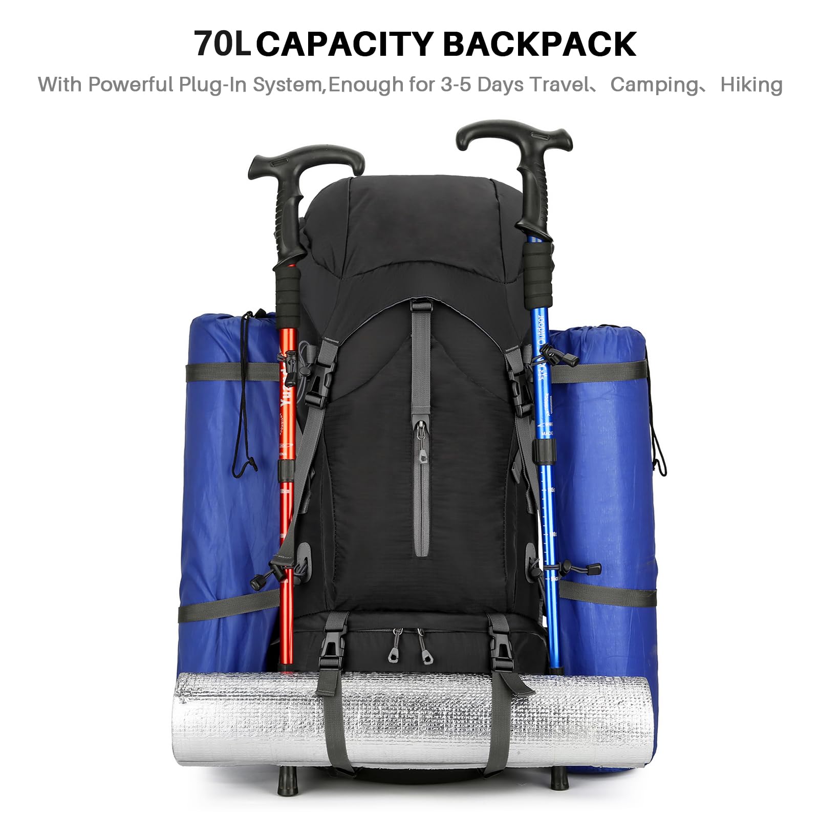 OKYUK 70L Waterproof Hiking Backpack - Lightweight Camping Backpack for Mountain Climbing, Outdoor Sports & Travel - Durable Daypack with Rain Cover - Perfect for Hiking, Camping, Cycling & Adventure Tours (Black, 70L)