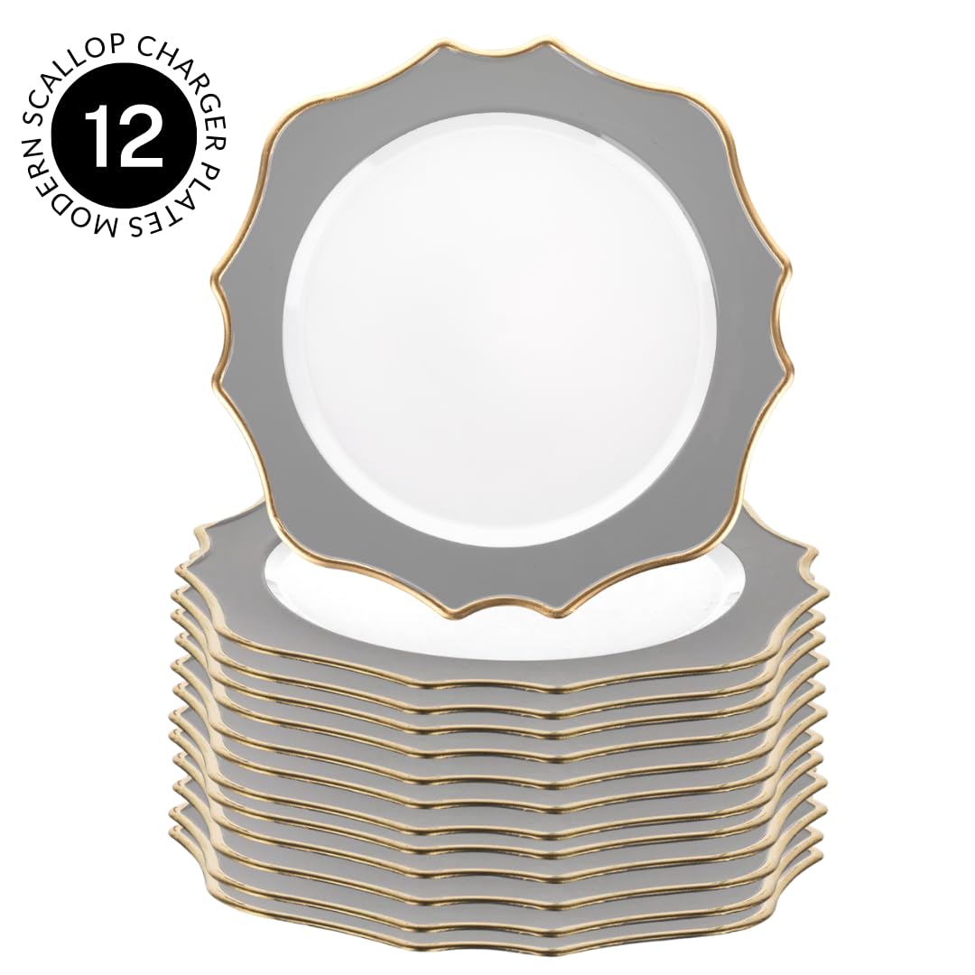 Koyal Wholesale 12-Pack Modern Scallop Charger Plates - French Style Rustic Farmhouse Dinnerware, Ornate Decorative Plates for Wedding, Party & Holiday Table Setting (Gray)