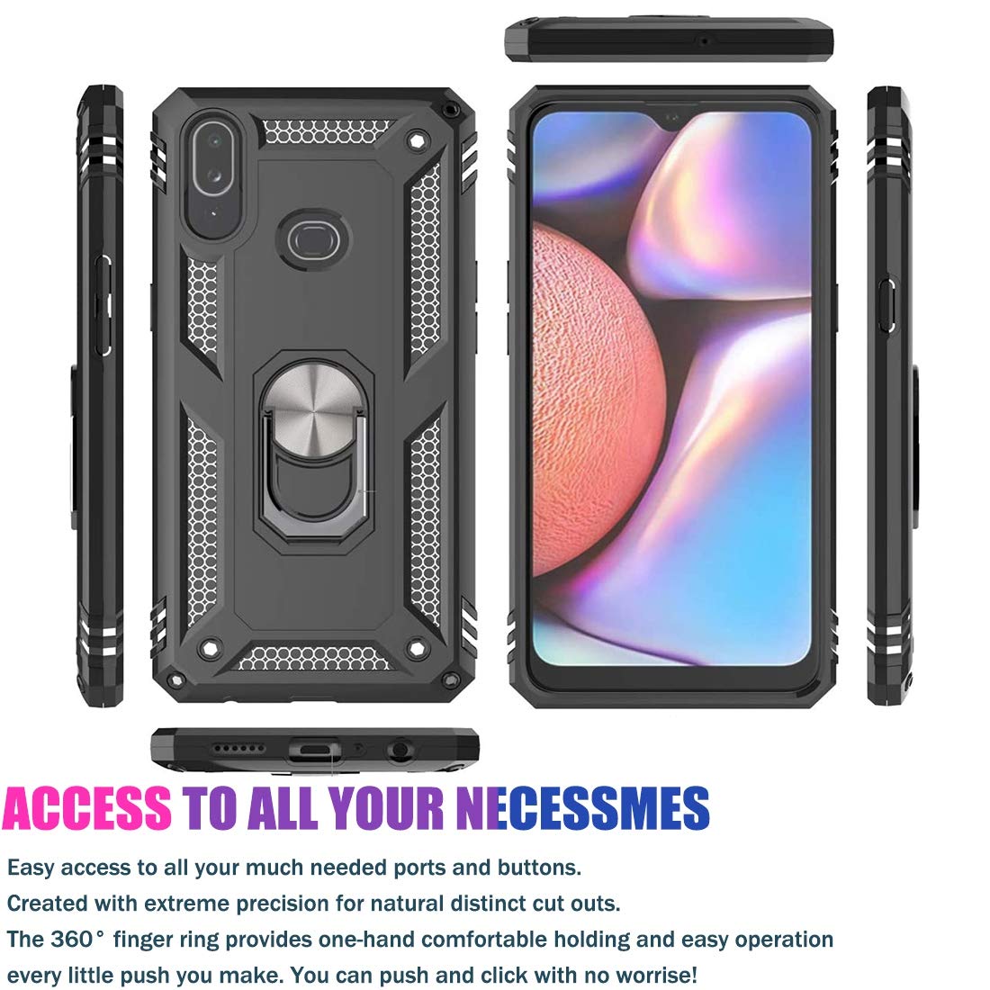 Military Grade Protective Case for Samsung Galaxy A10S with Magnetic Car Mount & Kickstand - Shockproof Defender Cover for Everyday Use, Commuting, and Hands-Free Driving (Black)