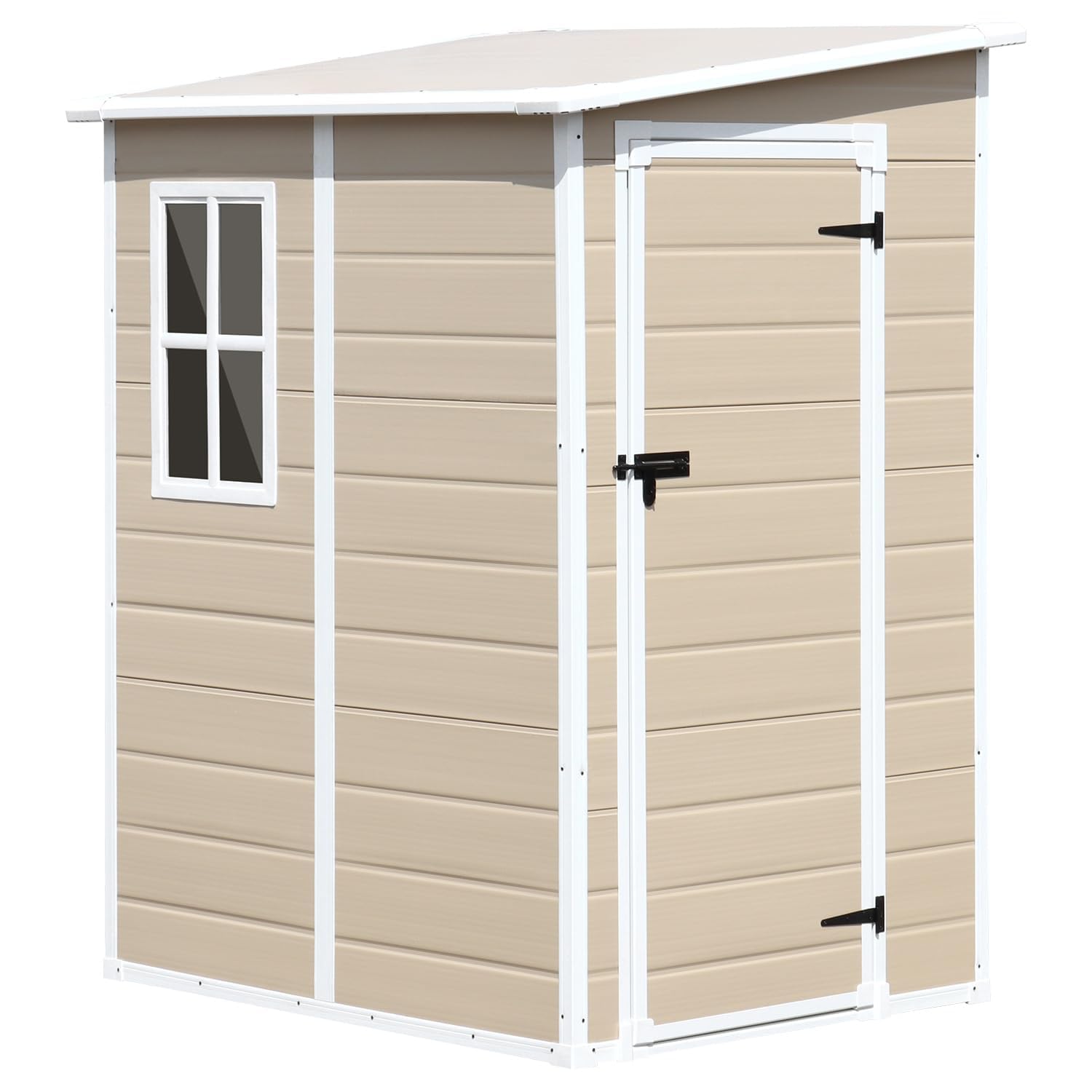 5x4 FT Outdoor Storage Shed - Durable Resin Garden Shed with Floor, Window & Lockable Door - Wood-Like Plastic Tool House for Backyard, Patio, Lawn & Garage - Perfect for Storing Bikes, Lawn Equipment & Seasonal Items