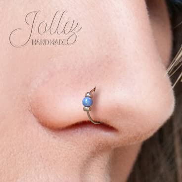 Dainty 14K Rose Gold Nose Hoop Piercing - 24 Gauge 7mm Thin Nose Ring with 2mm Blue Opal Gemstone | Handmade Comfortable Body Jewelry for Everyday Wear & Special Occasions