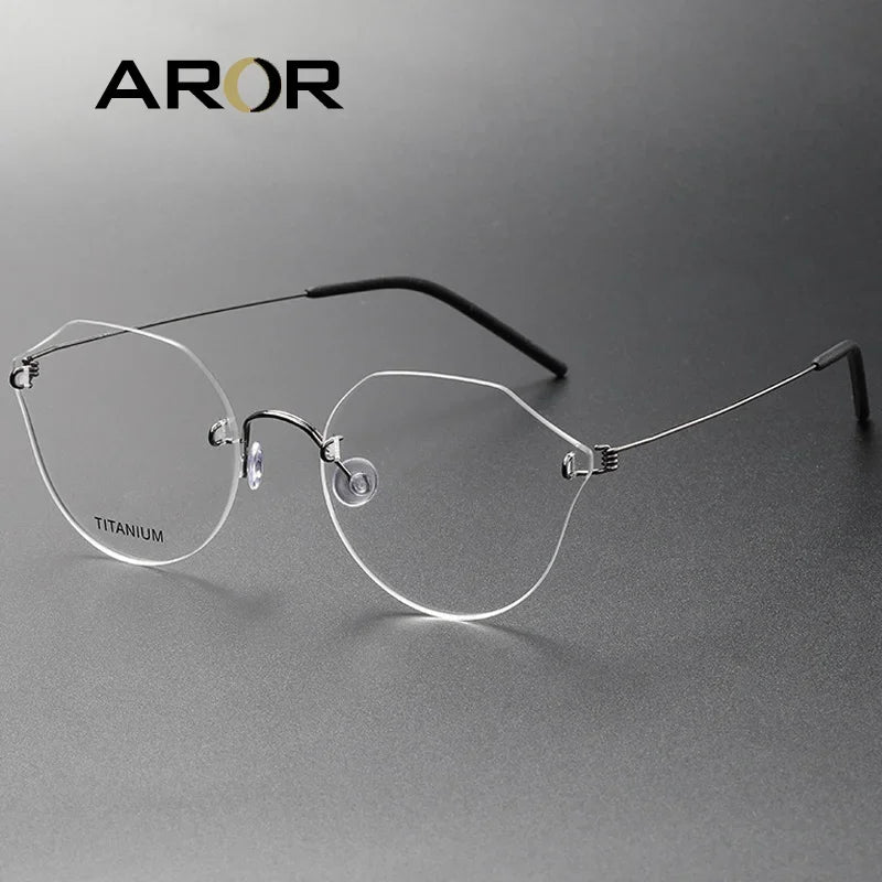 Aror Women's Rimless Flat Top Round Cat Eye Titanium Eyeglasses Frame 2375 - Lightweight & Durable for Reading, Work, and Fashion Accessories