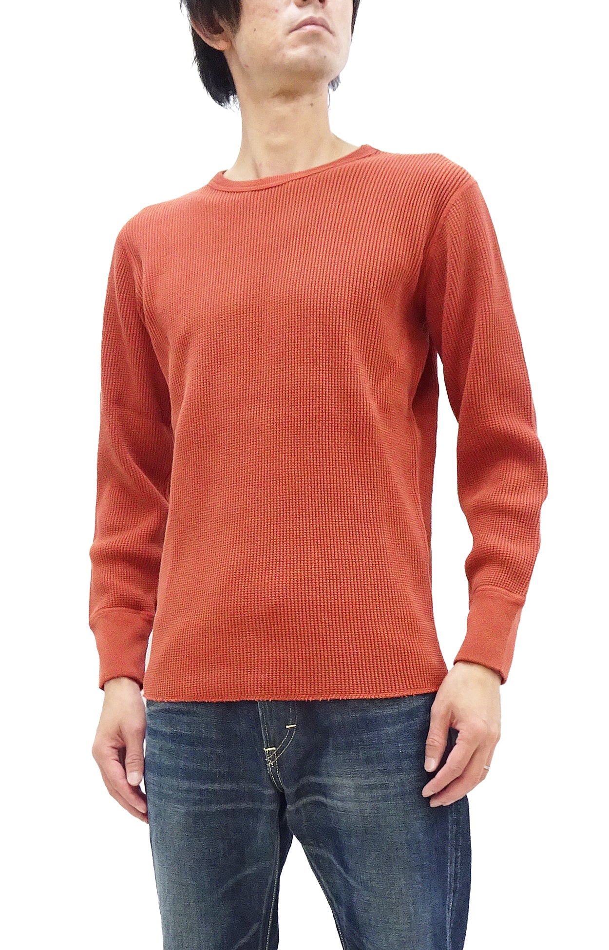 Studio D'artisan Men's Waffle Knit Thermal T-Shirt - Heavyweight Long Sleeve Crew Neck Casual Tee in Burnt Sienna (Deep Red Brown) | Warm Winter Layering & Outdoor Activities