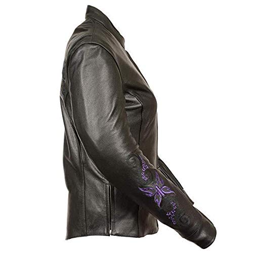 Milwaukee Leather ML2071 Women's Black Genuine Leather Jacket with Purple Butterfly Embroidery - Stylish Biker Jacket for Riding, Night Out & Fashion Statement
