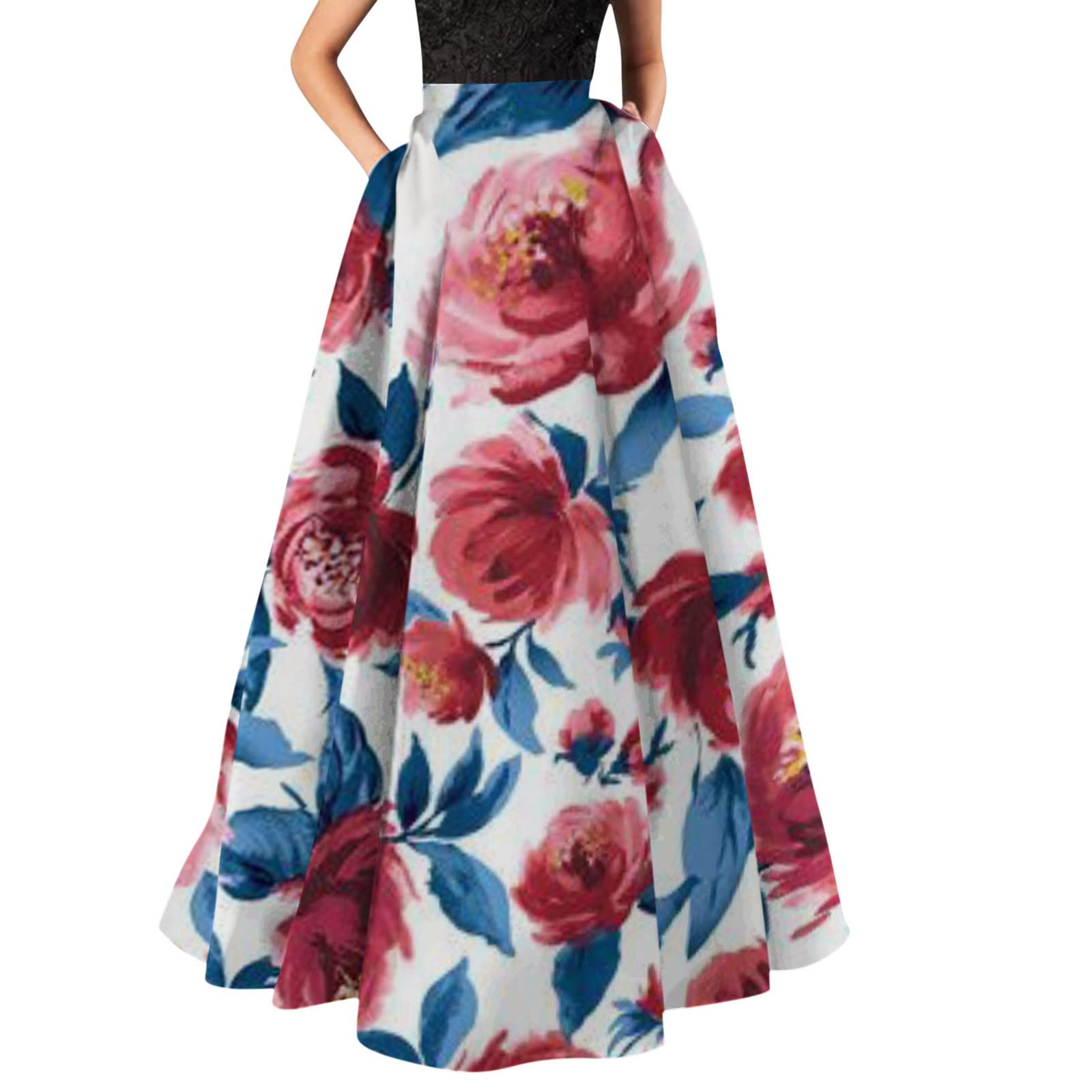 Qvkarw Women's Maxi Skirts - Boho Floral Print High Waist A-Line Flowy Swing Floor Length Summer Long Skirt with Pockets | Perfect for Beach Vacations, Music Festivals & Boho Chic Outfits