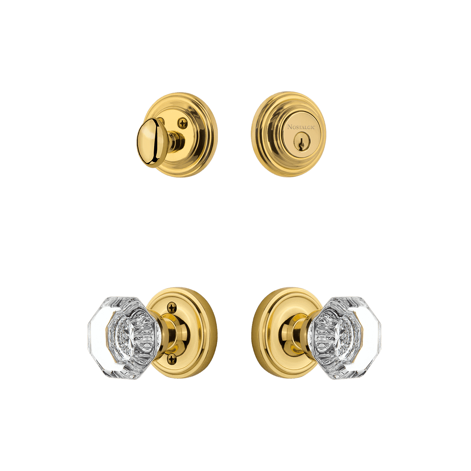Classic Rosette Entry Set with Waldorf Crystal Knob in Polished Brass - Elegant Door Hardware for Home & Office Decor | Perfect for Interior Doors, Bedrooms & Entryways