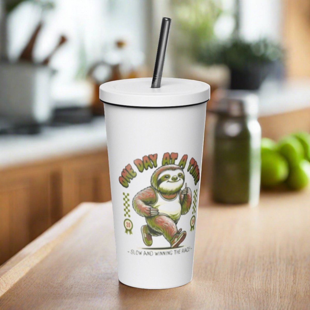 One Day at a Time Sloth Insulated Tumbler - 20oz Stainless Steel Travel Mug with Lid & Straw - Perfect for Coffee, Tea & Cold Drinks - Great for Office, Travel & Outdoor Activities