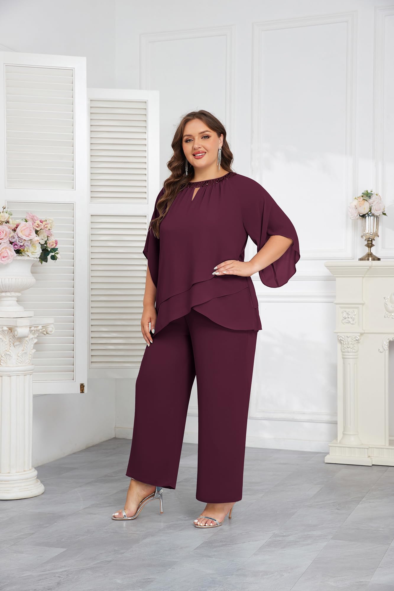 Hanna Nikole Plus Size Mother of the Bride Pant Suit - 2 Piece Chiffon Formal Pantsuit with Half Sleeves for Wedding Guest Outfit | Elegant Wedding Party Attire & Special Occasion Wear