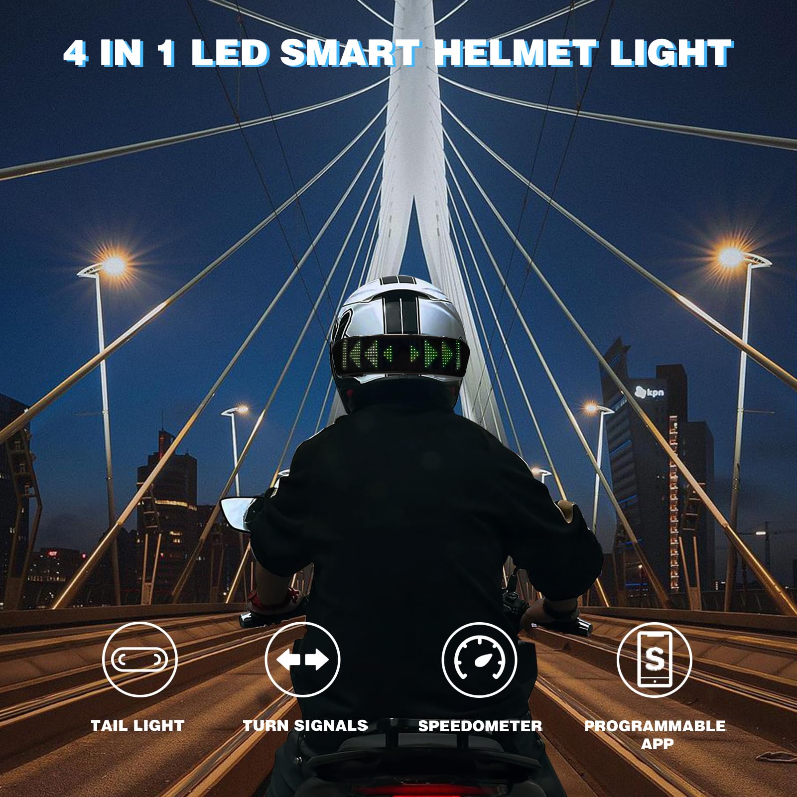 4 IN 1 Smart LED Helmet Light with Tail Light, Turn Signals, Speedometer & DIY App - Waterproof Motorcycle/Bike Helmet Accessory for Night Riding Safety (Black) - Perfect for Commuting, Night Cycling & Motorcycle Tours