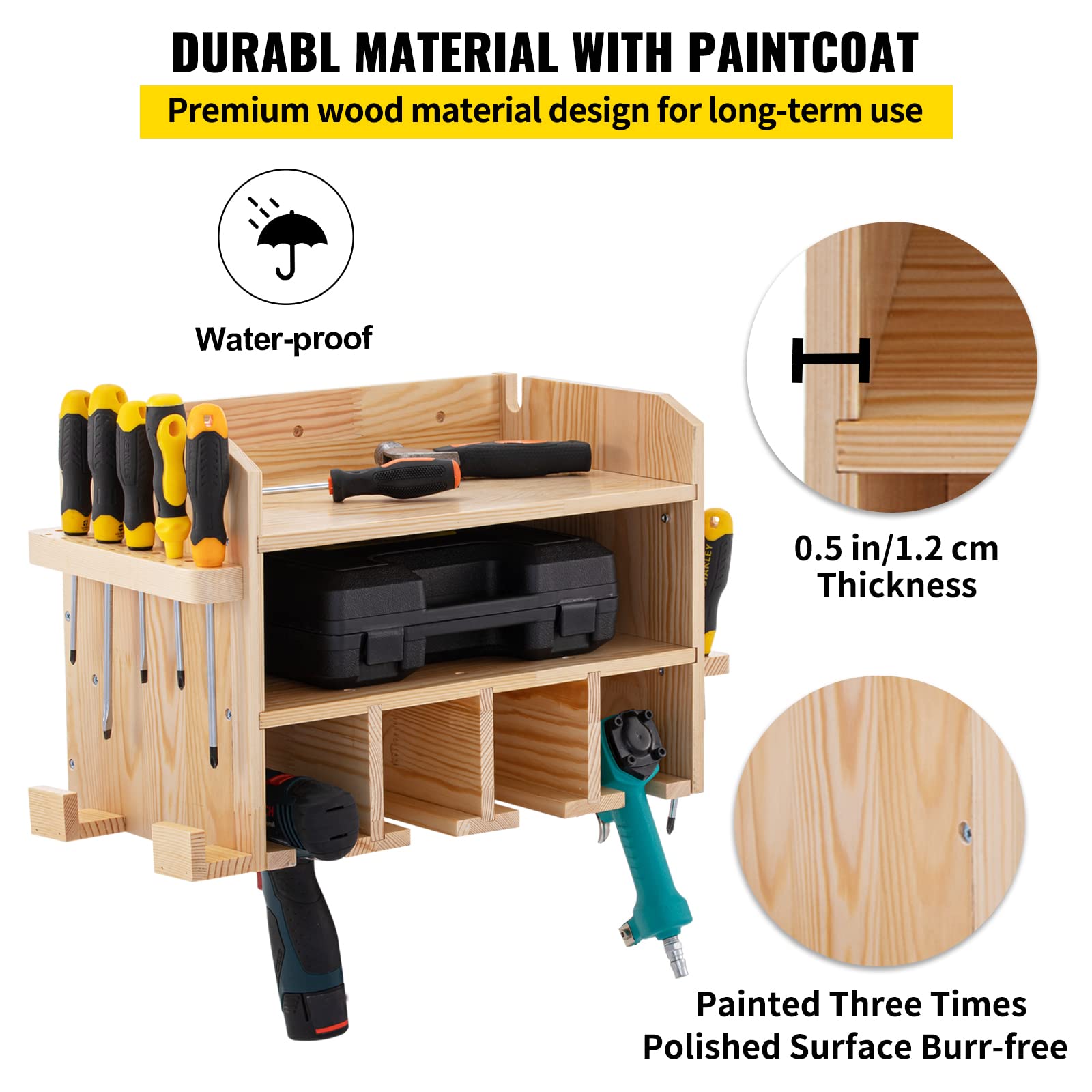 VEVOR Wall Mounted Power Tool Organizer - 4 Hanging Slots Drill Holder & Charging Station with 2 Shelves - Polished Wooden Tool Storage for Drills, Saws, Wrenches & Screwdrivers - Perfect for Garage, Workshop & DIY Projects