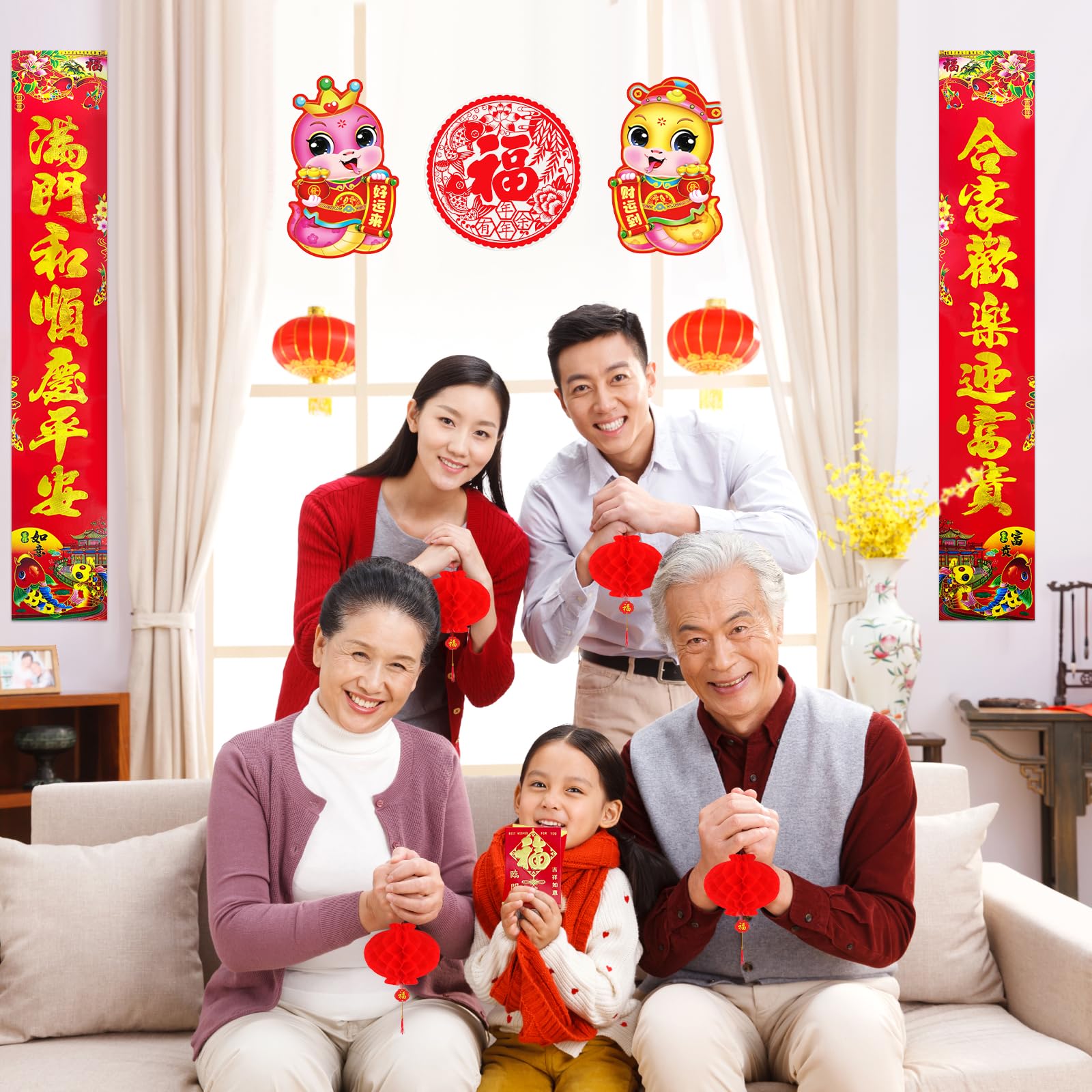 74 Pcs Chinese New Year Decorations Kit 2025 - Red Paper Lanterns, Fu Window Stickers, Spring Festival Couplets, Lucky Red Envelopes & Hanging Ornaments - Perfect for Lunar New Year Party, Home & Office Decoration