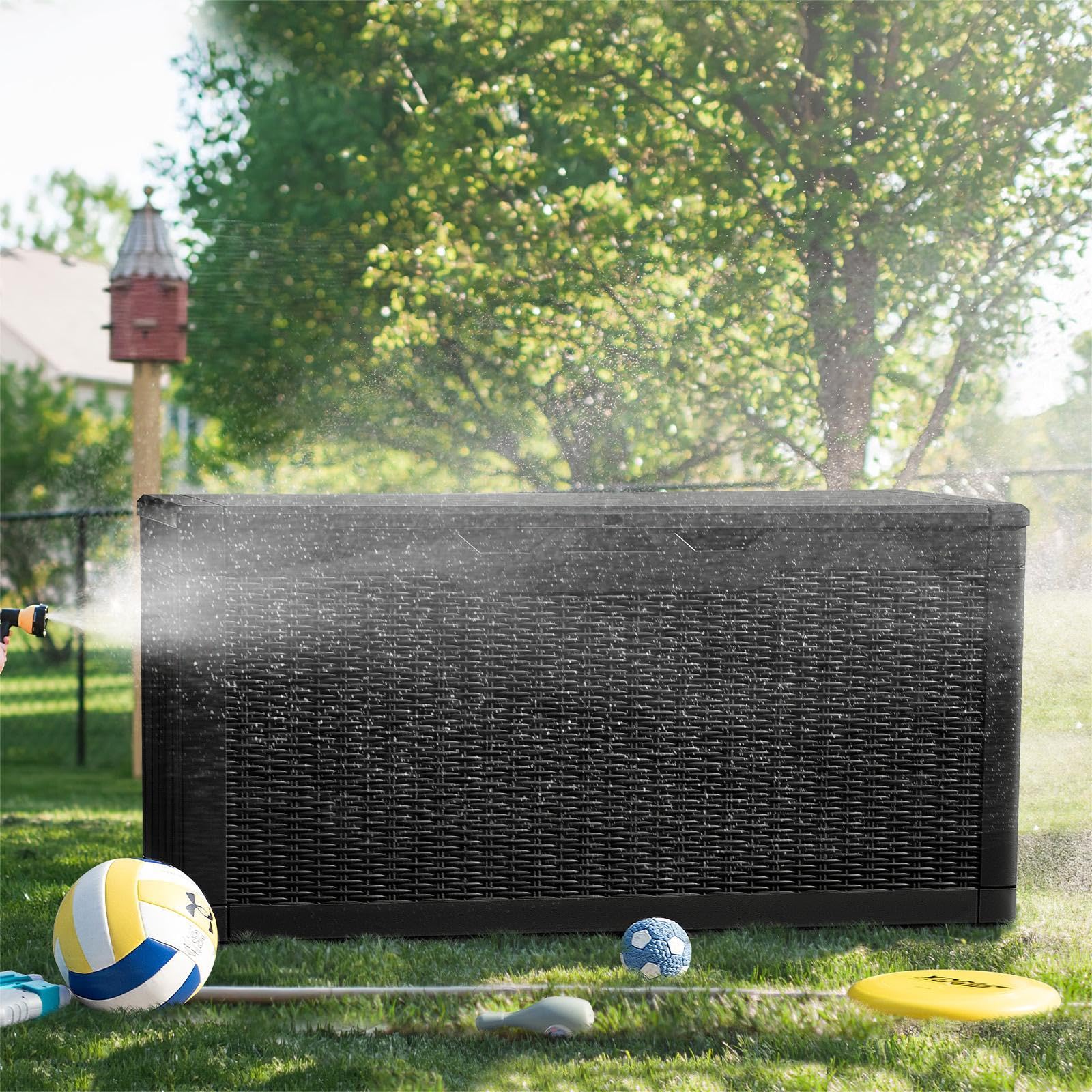 Greesum 100 Gallon Waterproof Resin Outdoor Storage Box - Black - Ideal for Garden Tools, Patio Furniture Cushions, Pool Toys & Backyard Organization - Perfect for Deck, Garage & Poolside Storage