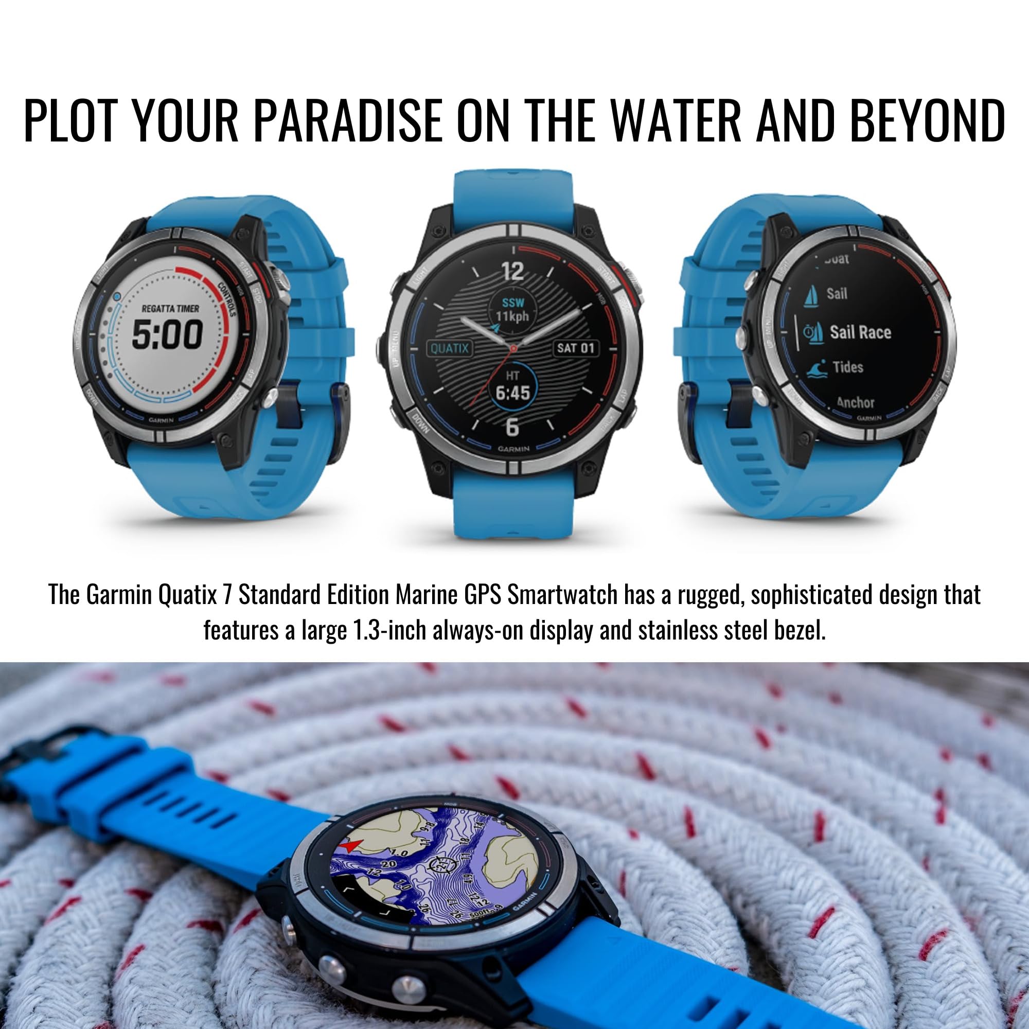 Garmin quatix 7 Standard Edition Marine GPS Smartwatch Bundle with Portable Charger Stand & Camera - Waterproof Multisport Watch for Boating, Fishing & Outdoor Adventures (9-Pack Accessories Included)