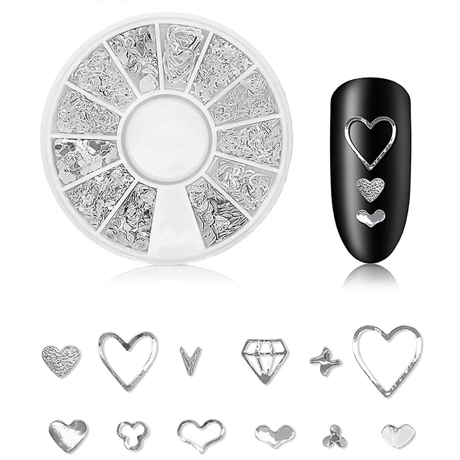 DANNEASY 3D Nail Charms - Silver Metal Nail Art Studs & Jewelry for Acrylic Nails, DIY Nail Decoration Kit (6 Boxes) - Perfect for Manicures, Nail Art Designs & Craft Projects