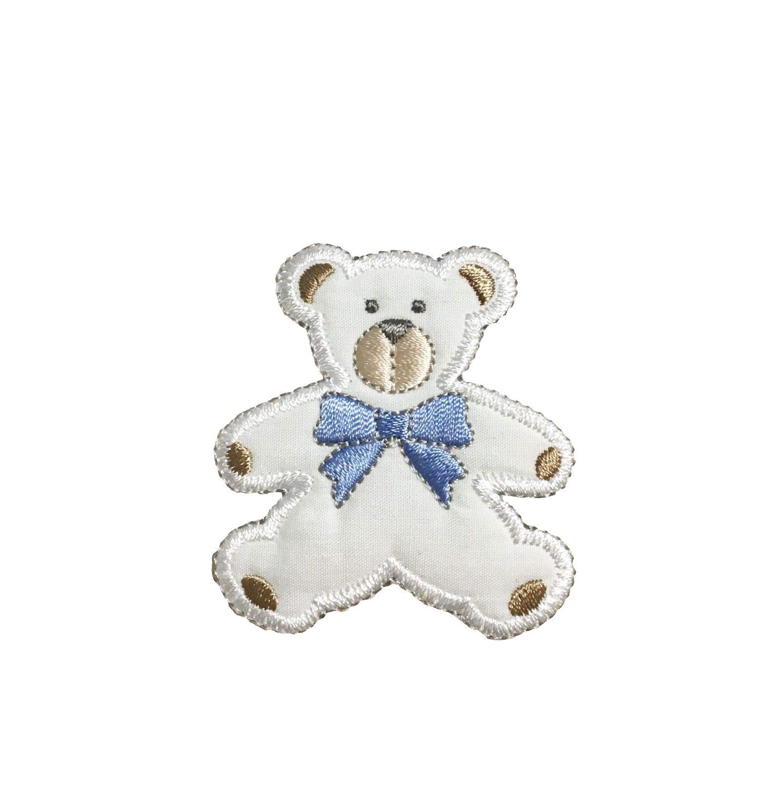 Puffy Boy Bear Iron On Patch with Blue Ribbon Embroidery - DIY Sewing Applique for Jackets, Hats, Bags & Denim Repair