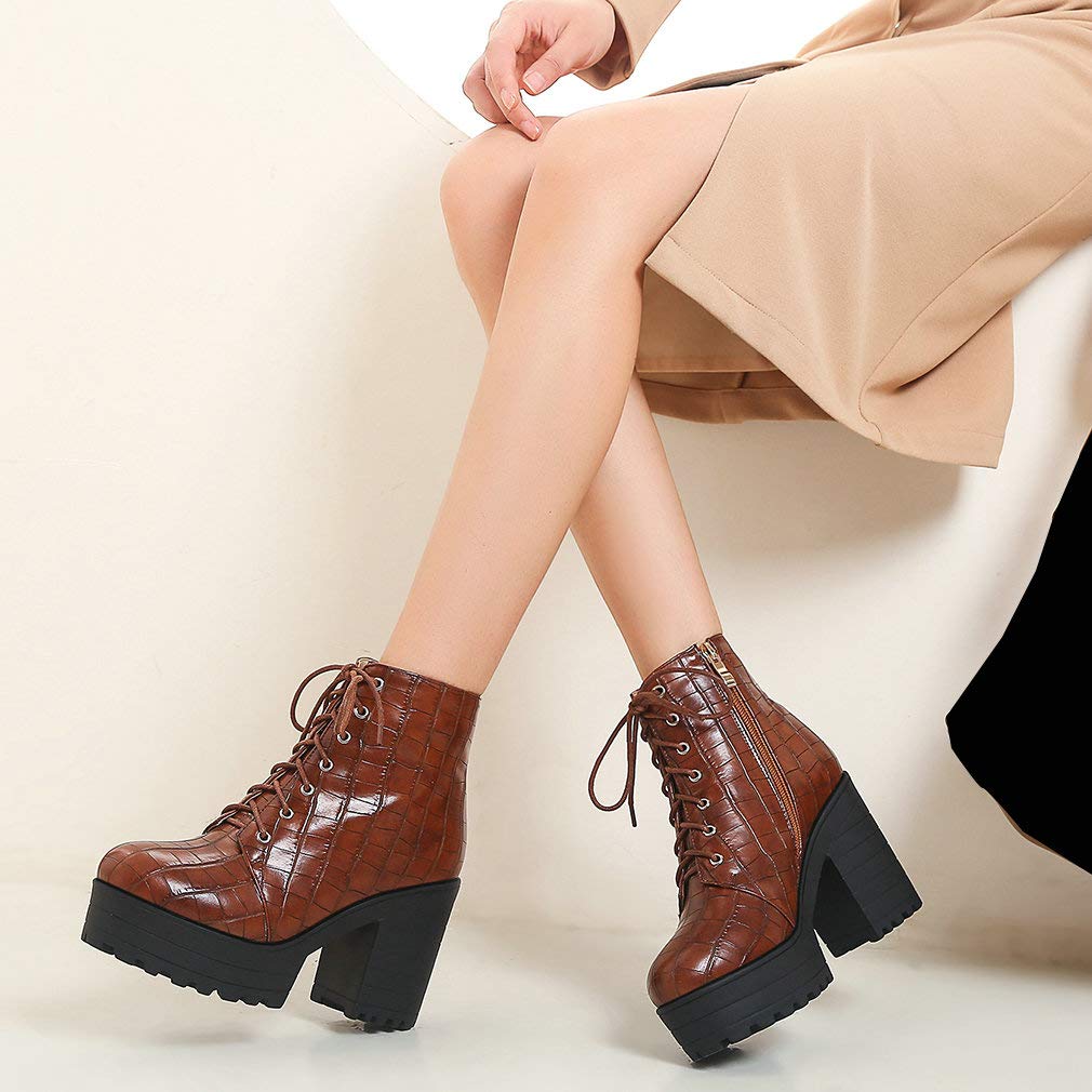 Parisuit Women's Chunky Lace Up Booties - Platform High Heel Ankle Boots for Autumn & Winter | Fashion Shoes for Women | Perfect for Office, Party & Casual Outfits