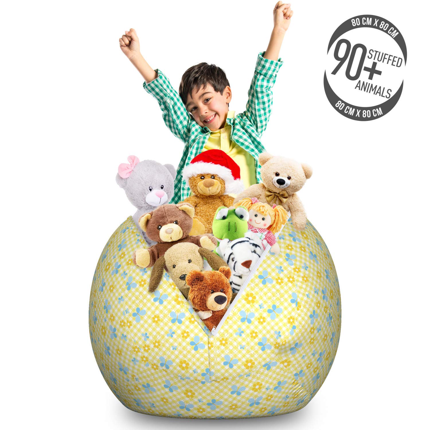 Ambesonne Large Checkered Toy Storage Bag Chair - Daisy Flower & Butterflies Pattern, Washable Stuffed Animal Organizer, Pale Blue - Perfect for Kids' Room, Nursery, or Playroom Organization