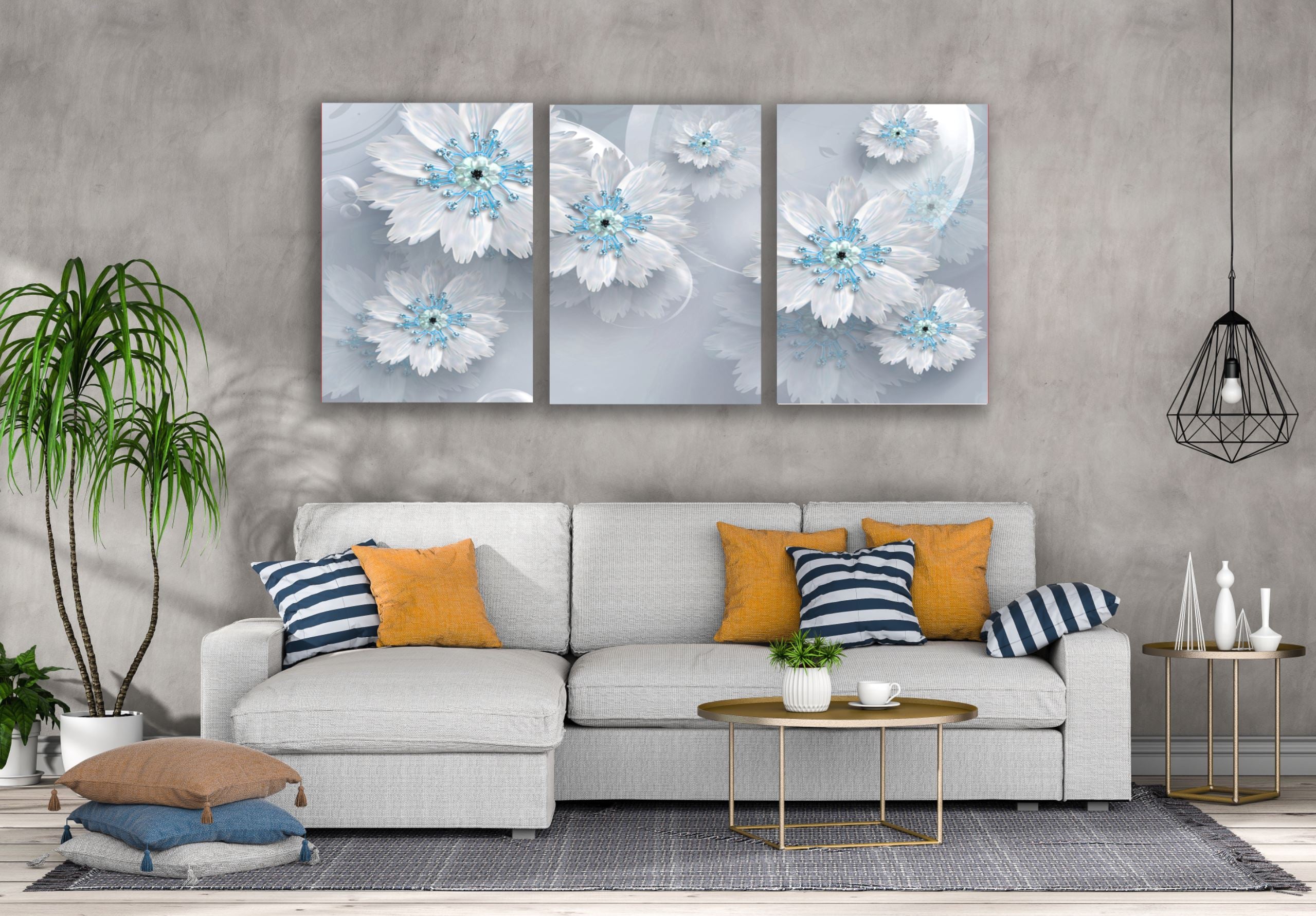 3 Set Blue & White 3D Floral Canvas Wall Art - High Quality Print 100% Australian Made - Ready to Hang for Living Room, Bedroom & Office Decor