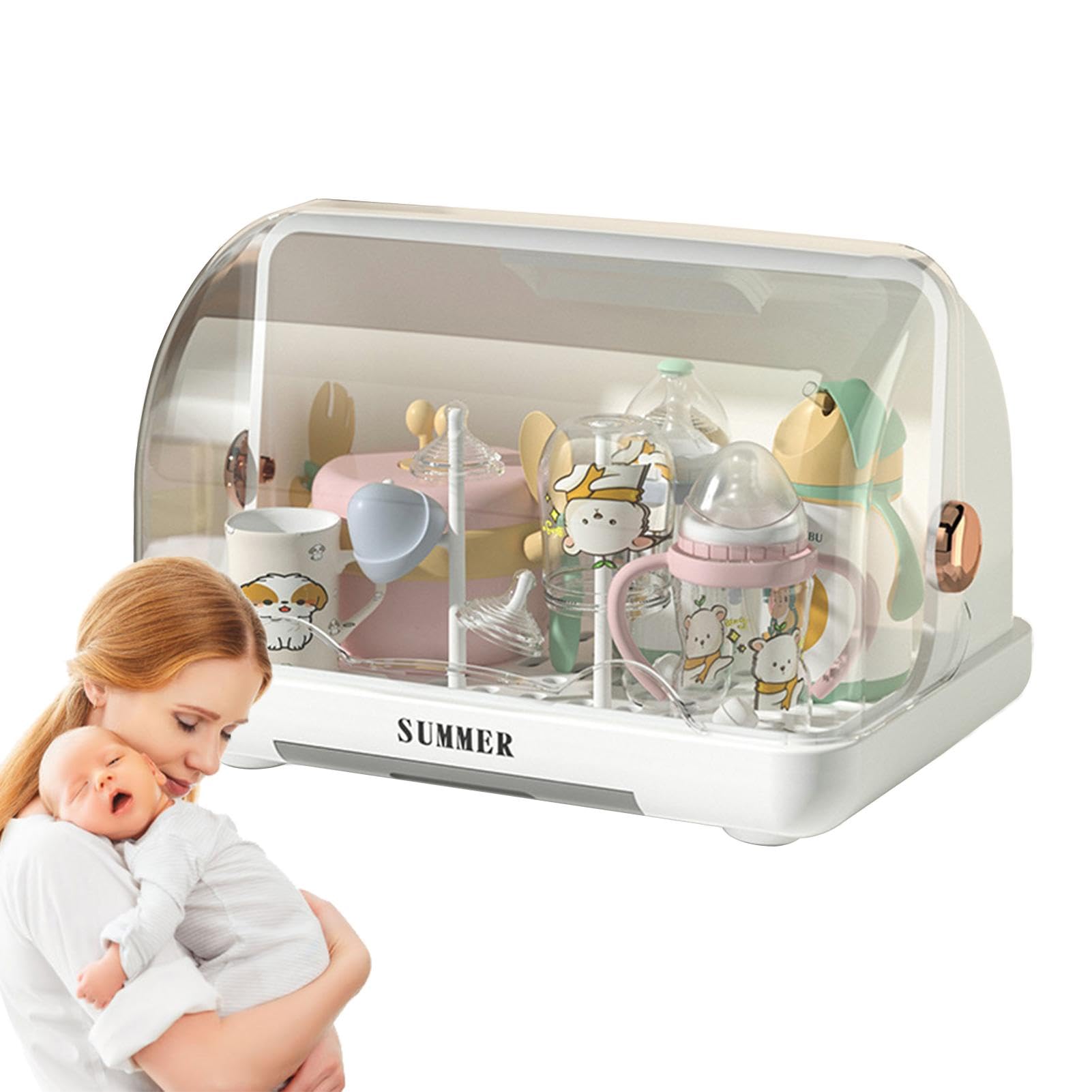 Dustproof Baby Bottle Drying Rack with Lid & Removable Drain Tray - Portable Baby Bottle Organizer Storage Case for Kitchen Cabinet - Perfect for Nursery, Travel & Breast Pump Parts Drying