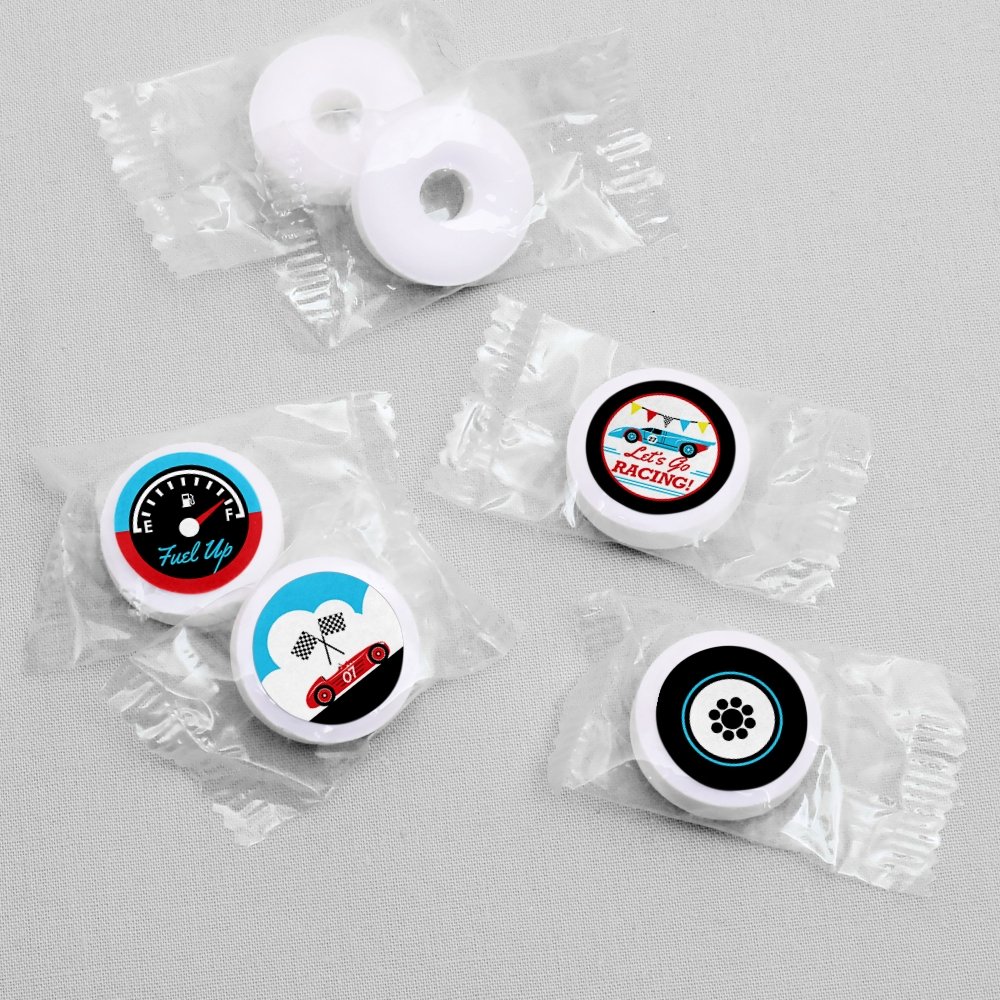 Big Dot of Happiness Let's Go Racing Round Candy Stickers - 108-Piece Sheet for Chocolate Candy Favors | Perfect for Baby Showers & Race Car Birthday Parties | Fun Party Decorations & Sweet Treat Labels