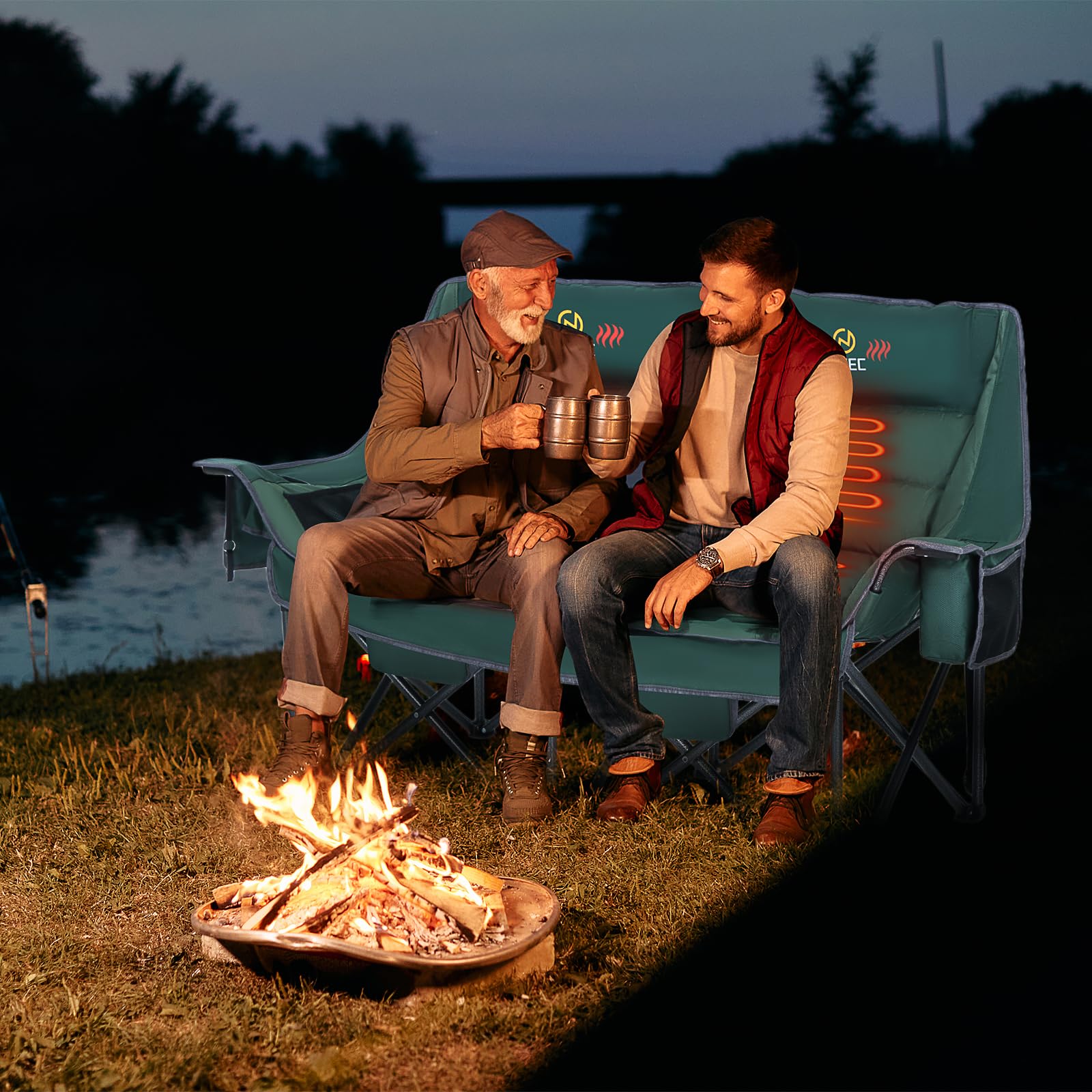 Premium Heated Camping Chair for Adults - Oversized Double Loveseat with Adjustable Heating & Extra Padding - Includes Insulated Cooler Bag - Perfect for Outdoor Camping, Backyard Relaxation & Winter Sports Events