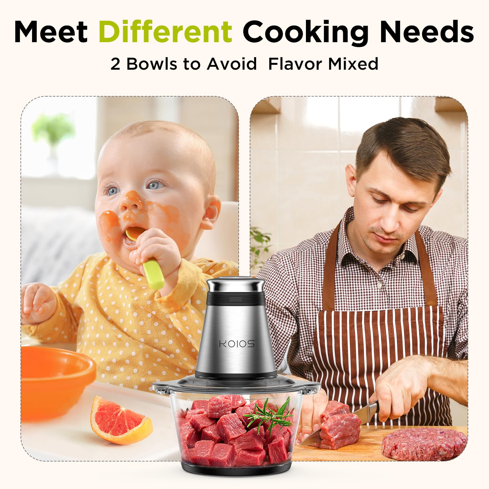 KOIOS 500W Electric Food Chopper - 2 Stainless Steel Bowls (8 Cup+8 Cup) & Dual Blades - Powerful Meat Grinder for Nuts, Onions, Garlic - Perfect for Baby Food Prep, Meal Prep & Kitchen Use - Black (Ideal for Home Cooking, Smoothies & Food Processing)