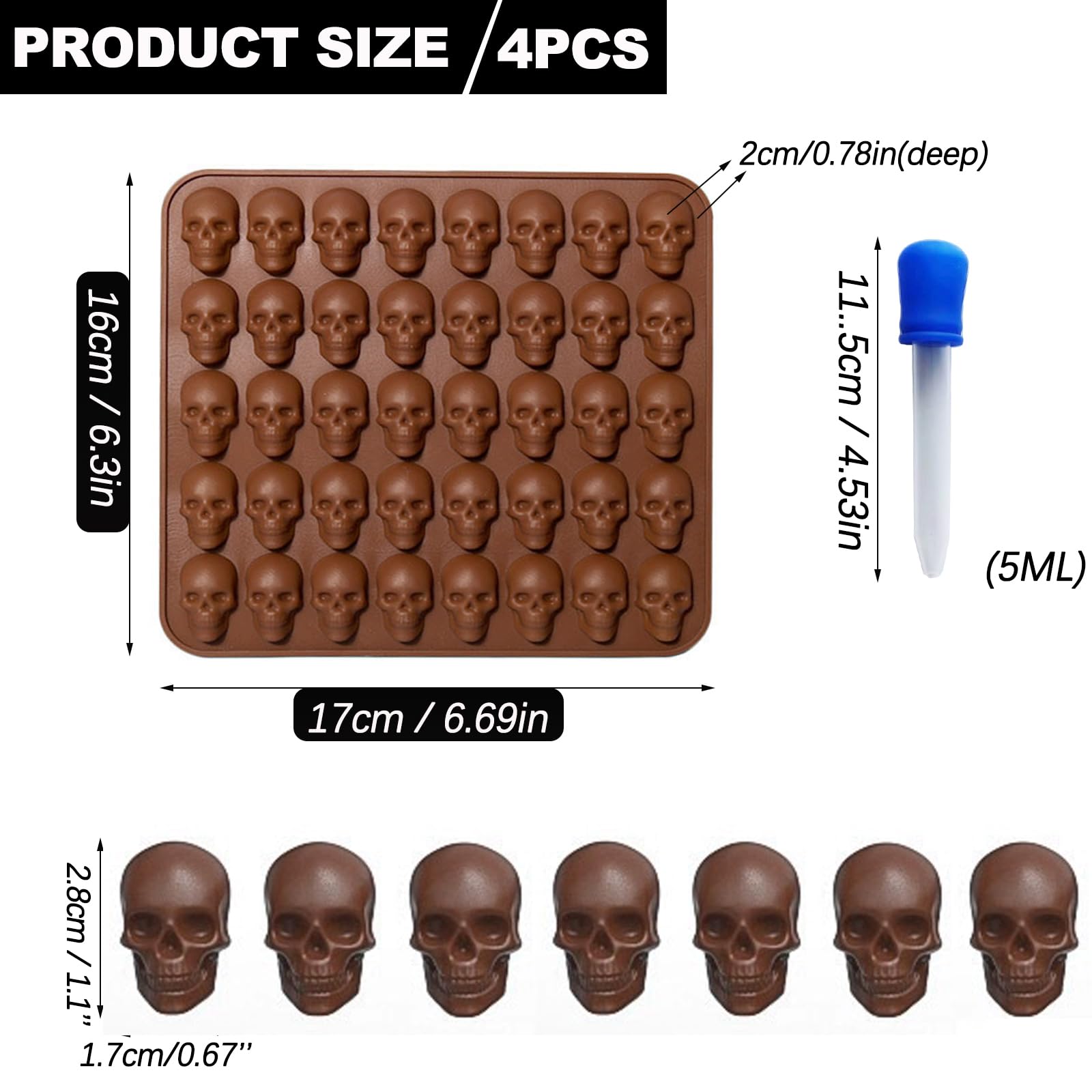 4 Pack Skull Silicone Molds - 200 Cavities Halloween Chocolate Candy Molds for Baking, Fondant, Ice Cubes & Dog Treats - Perfect for Cupcakes, Halloween Party Decorations & DIY Treats (Brown)