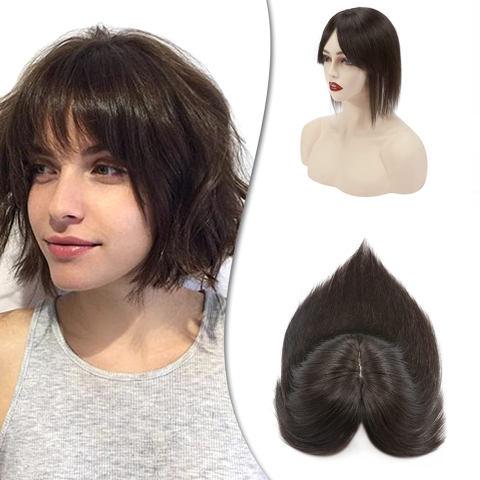 Human Hair Toppers with Bangs - 14 Inch Silk Base Clip-In Hairpiece for Women | Dark Brown (#2) | 44g | Natural Looking Toupee & Hair Extensions | Perfect for Thinning Hair, Hair Loss & Styling | Great for Daily Wear, Parties & Special Occasions