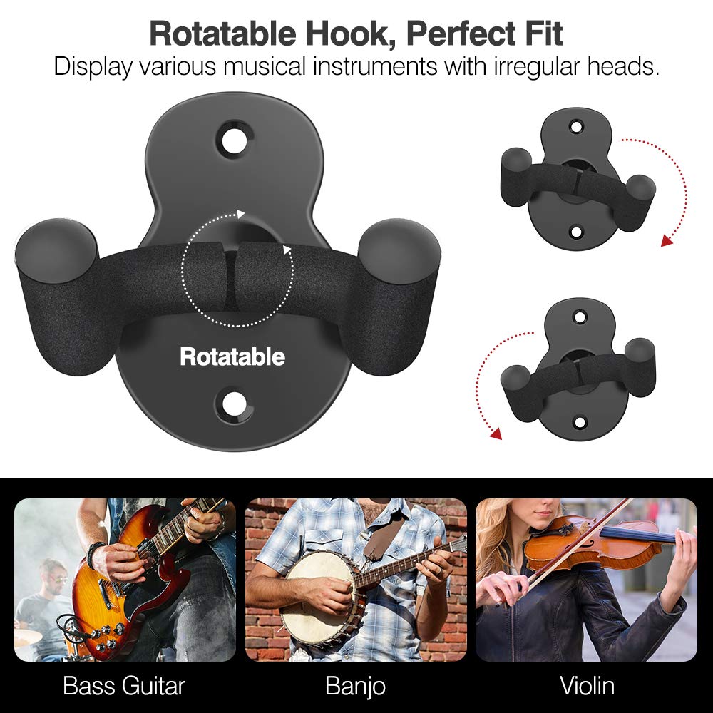 MoKo 3-Pack Guitar Wall Mount Hanger - Heavy Duty Wall Hook Holder for Electric, Acoustic, Bass Guitars & Ukuleles - Space Saving Studio & Home Decor - Black - Perfect for Music Rooms, Bedrooms & Small Spaces