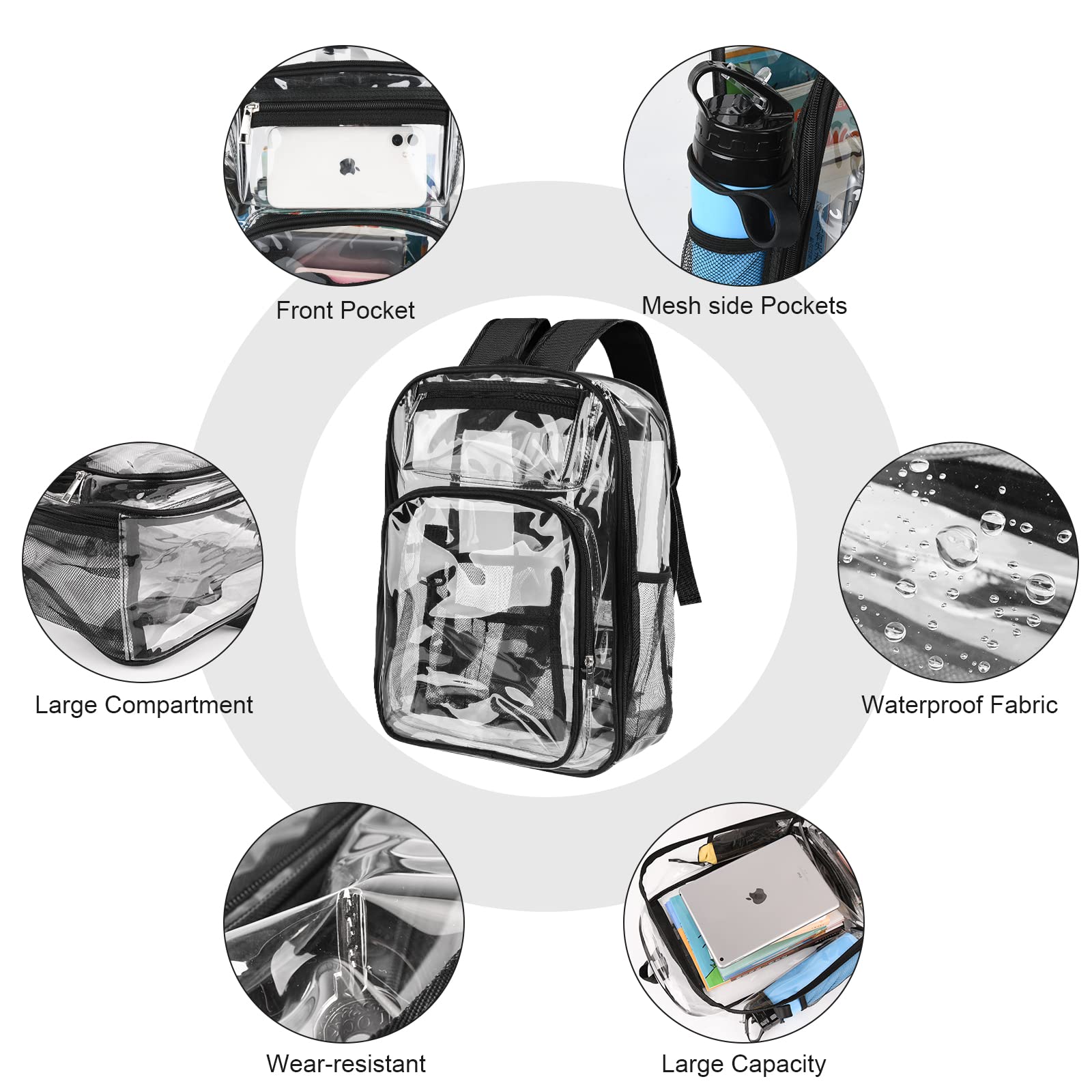 AnSun Clear PVC Backpack - Large Heavy Duty Transparent Bookbag for School, Work, Travel & Sports - Reinforced Shoulder Straps for Kids & Adults - Ideal for Airport Security, Concerts & Stadium Events (Carbon Black)