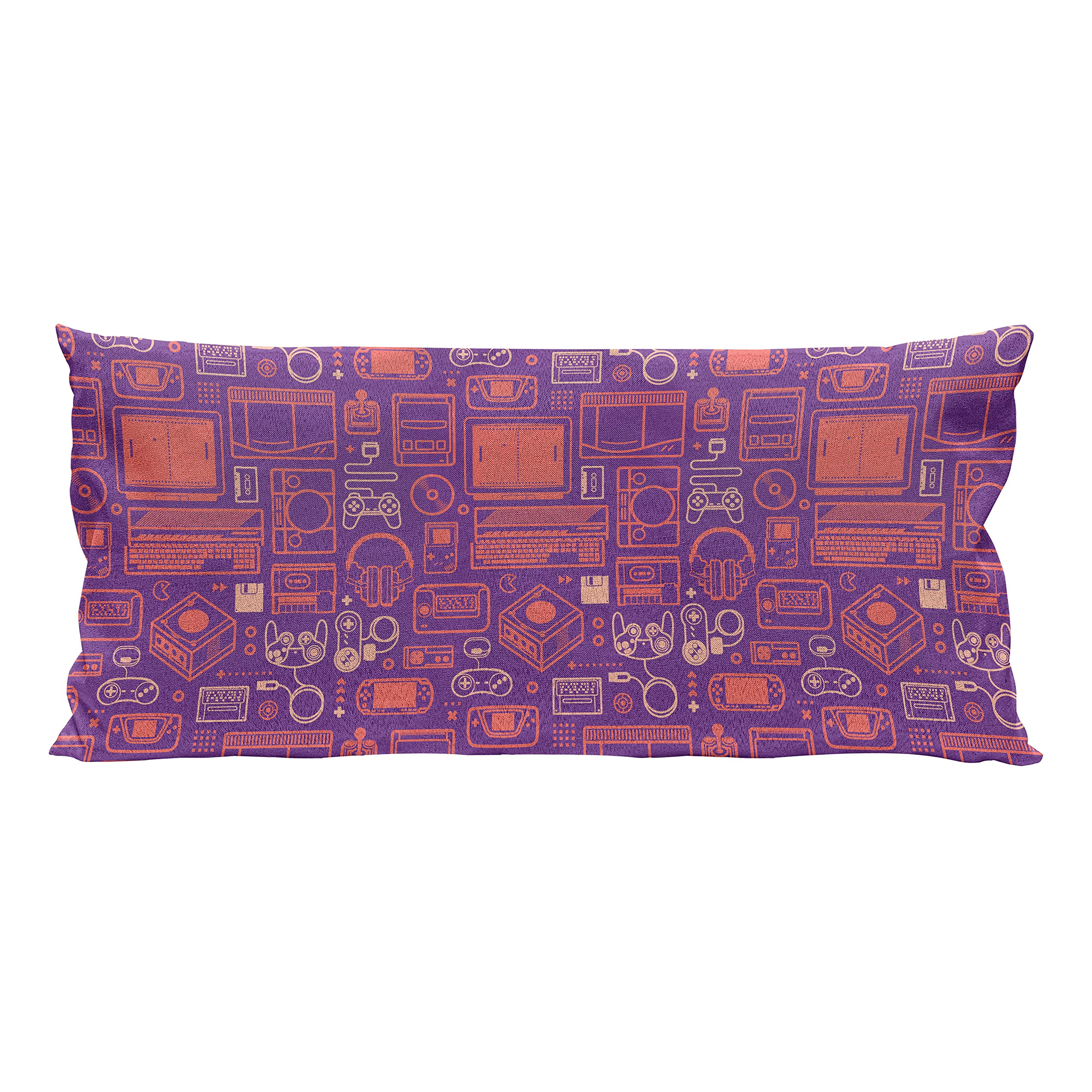 Ambesonne Gaming Throw Pillow Cover 36x16 Inches - Retro Video Game Console Design in Purple & Burnt Sienna - Decorative Cushion Case for Gamers, Living Room, Bedroom & Gaming Room Decor