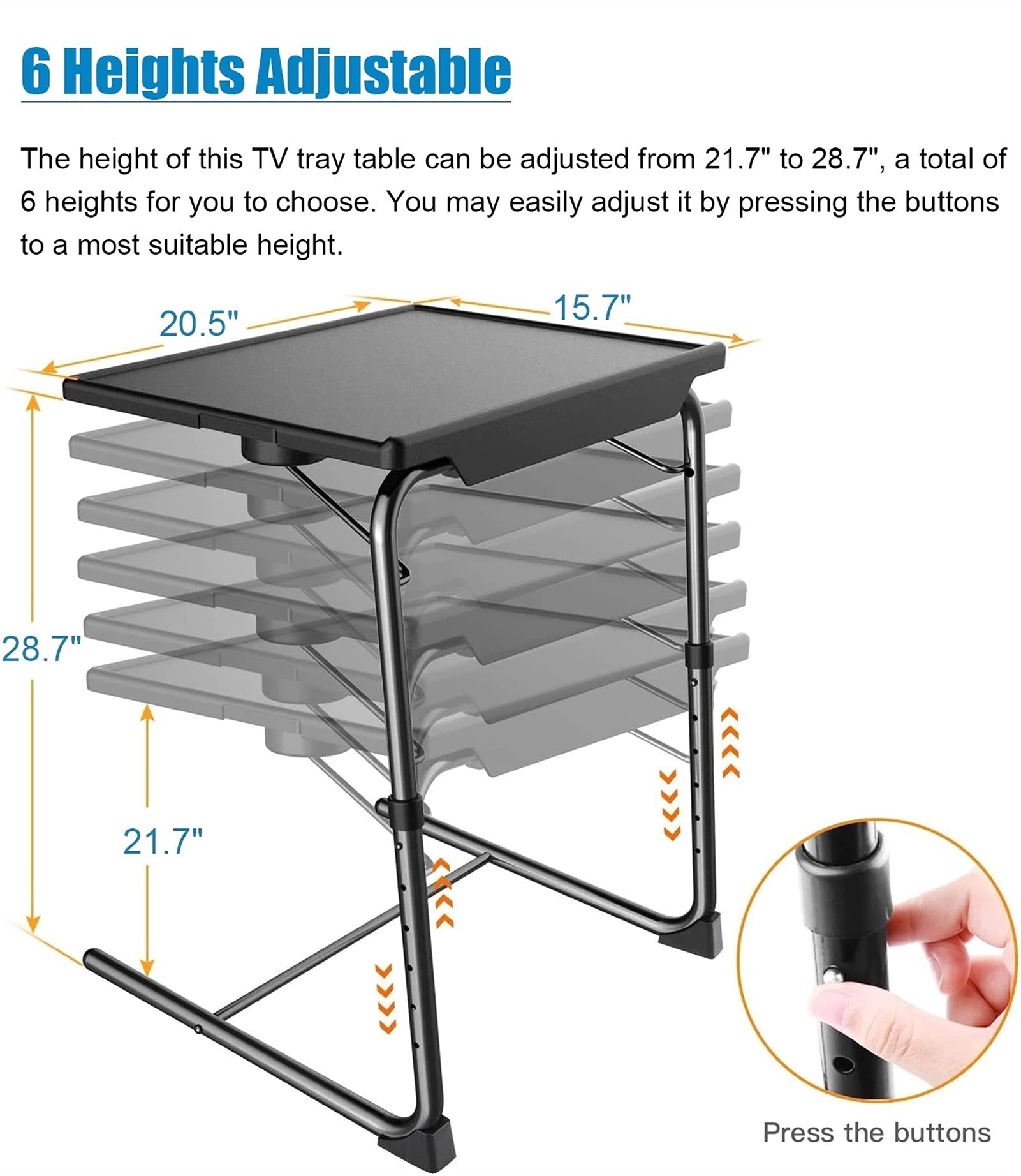 Adjustable Folding Bed Tray Table for Eating - 6 Height & 3 Tilt Angle Settings - Portable TV Dinner Tray for Sofa, Couch & Bed (Black) | Perfect for Breakfast in Bed, Laptop Work & Movie Nights
