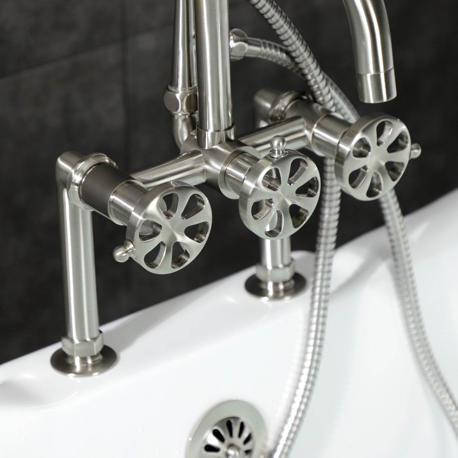 Belknap AE8408RX 3-Handle 2-Hole Deck Mount Clawfoot Bathtub Faucet with Hand Shower in Brushed Nickel - Vintage Style Bathroom Fixture for Classic & Modern Homes