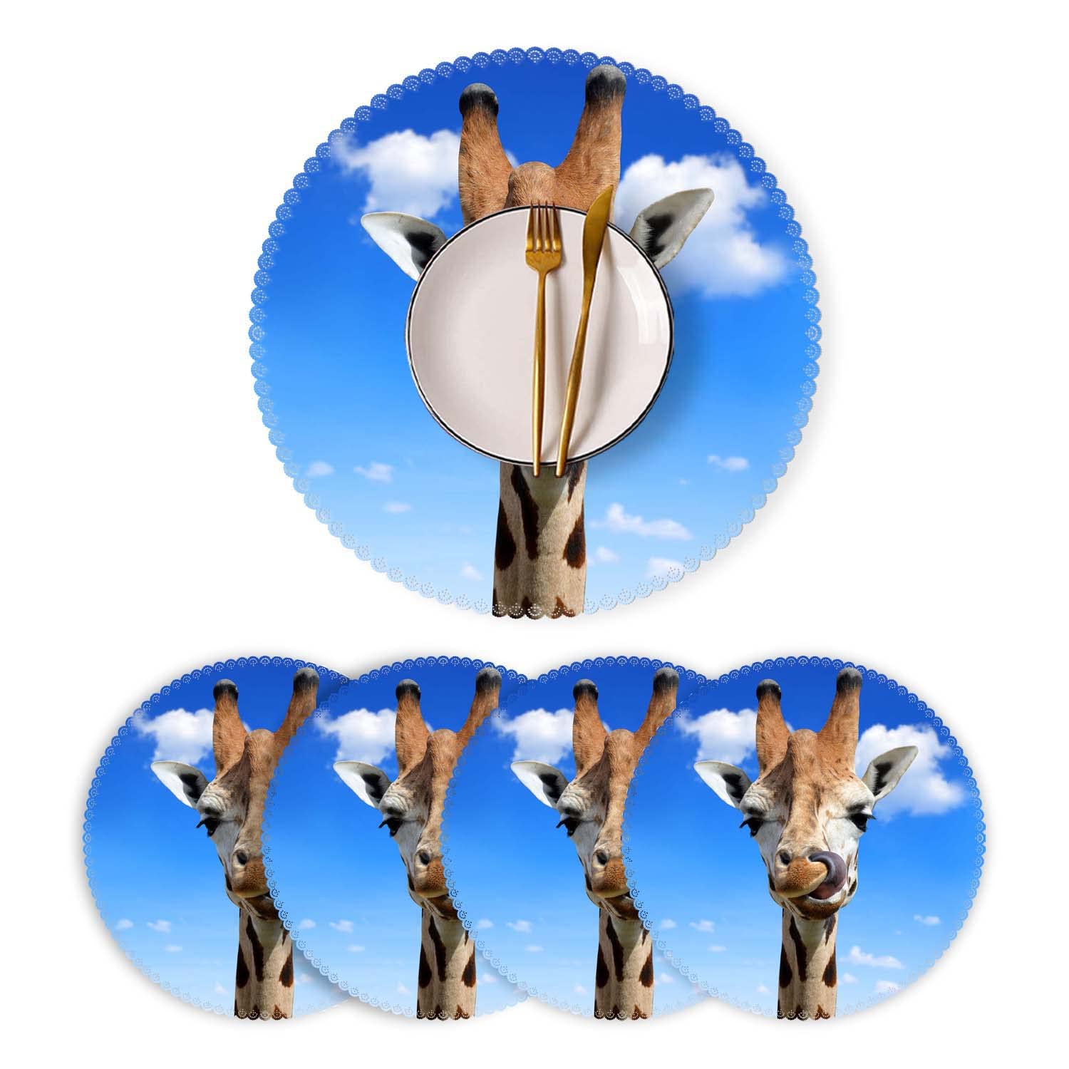 Round Heat-Resistant Washable Polyester Placemats Set of 4 - Blue Sky Giraffe Design for Kitchen & Dining Table Decor | Perfect for Everyday Meals, Dinner Parties & Home Styling