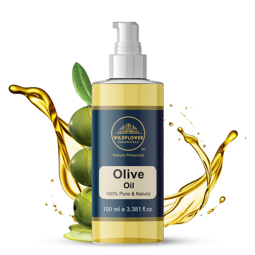 100% Pure Cold Pressed Extra Virgin Olive Oil for Face, Hair & Skin Care | Natural Carrier Oil for Baby Massage & Beard Care | 100ml Wildflower Essentials | Perfect for Daily Moisturizing & Aromatherapy