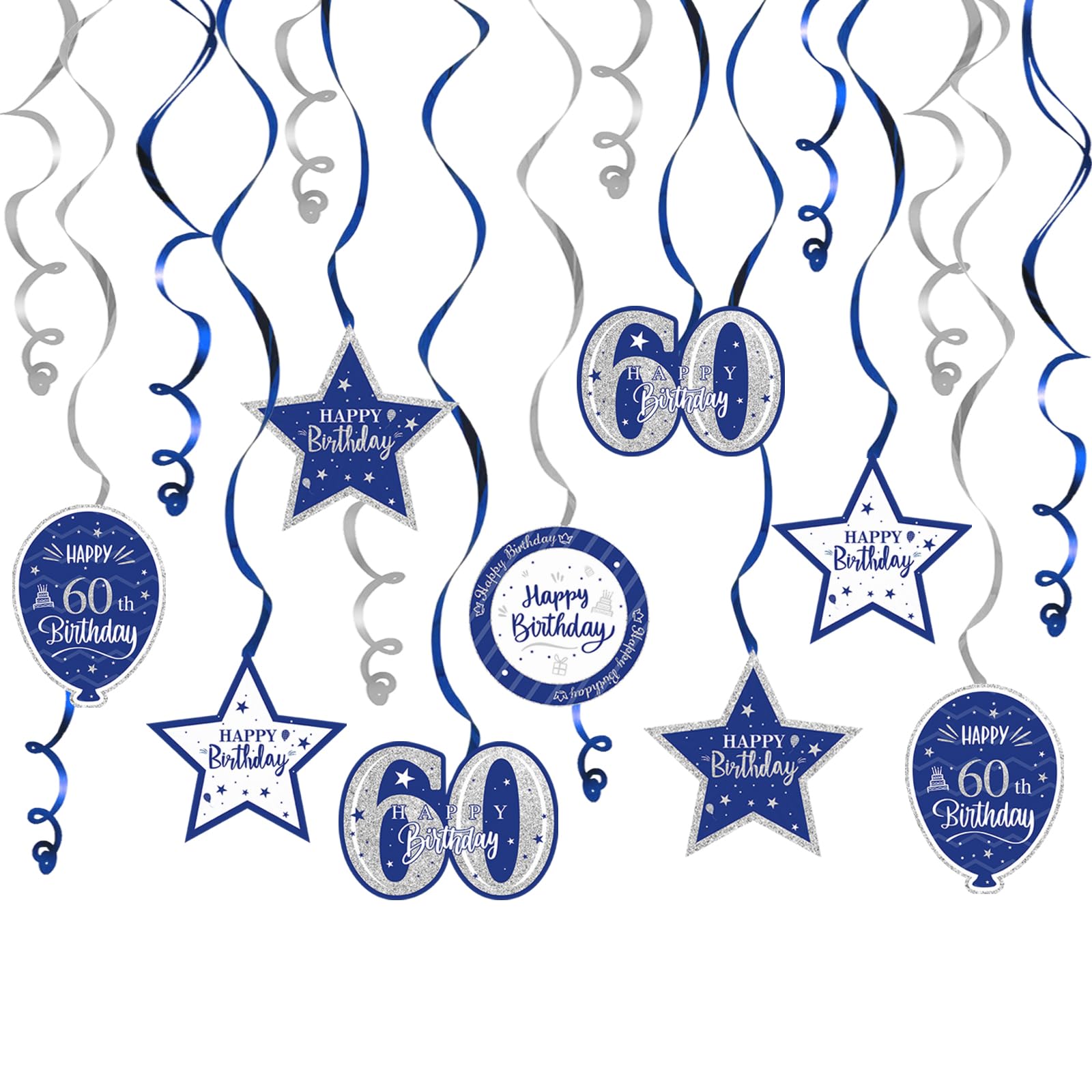 60th Birthday Party Decorations - Blue & Silver Glitter Swirl Streamers (15 Pcs) with 'Cheers to Sixty Years' Sign - Perfect for Milestone Celebrations, Anniversaries & Retirement Parties
