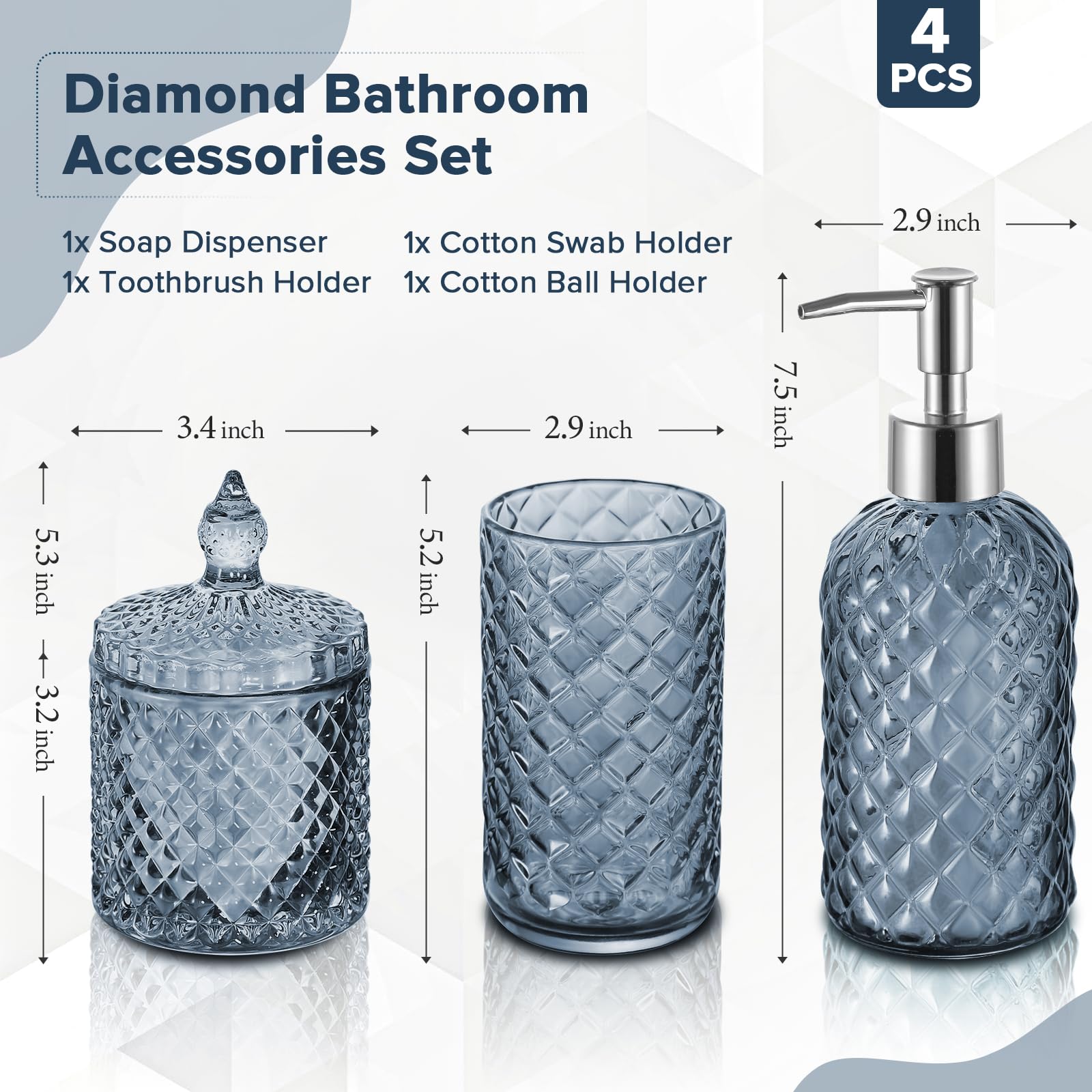 4-Piece Light Blue Bathroom Accessories Set - Diamond Glass Soap Dispenser & Toothbrush Holder | Modern Bathroom Counter Organizer Essentials for Home, Apartment & Guest Bath Decor