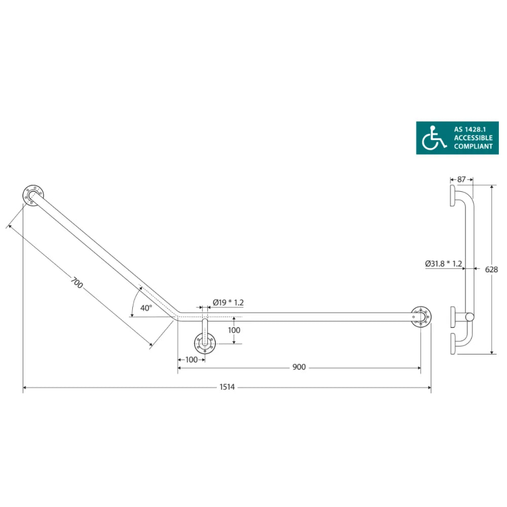 Fienza Care GRAB9070R 40° Ambulant Stainless Steel Grab Rail - 900x700mm Right Hand for Bathroom Safety & Accessibility - Ideal for Showers, Toilets & Elderly Support