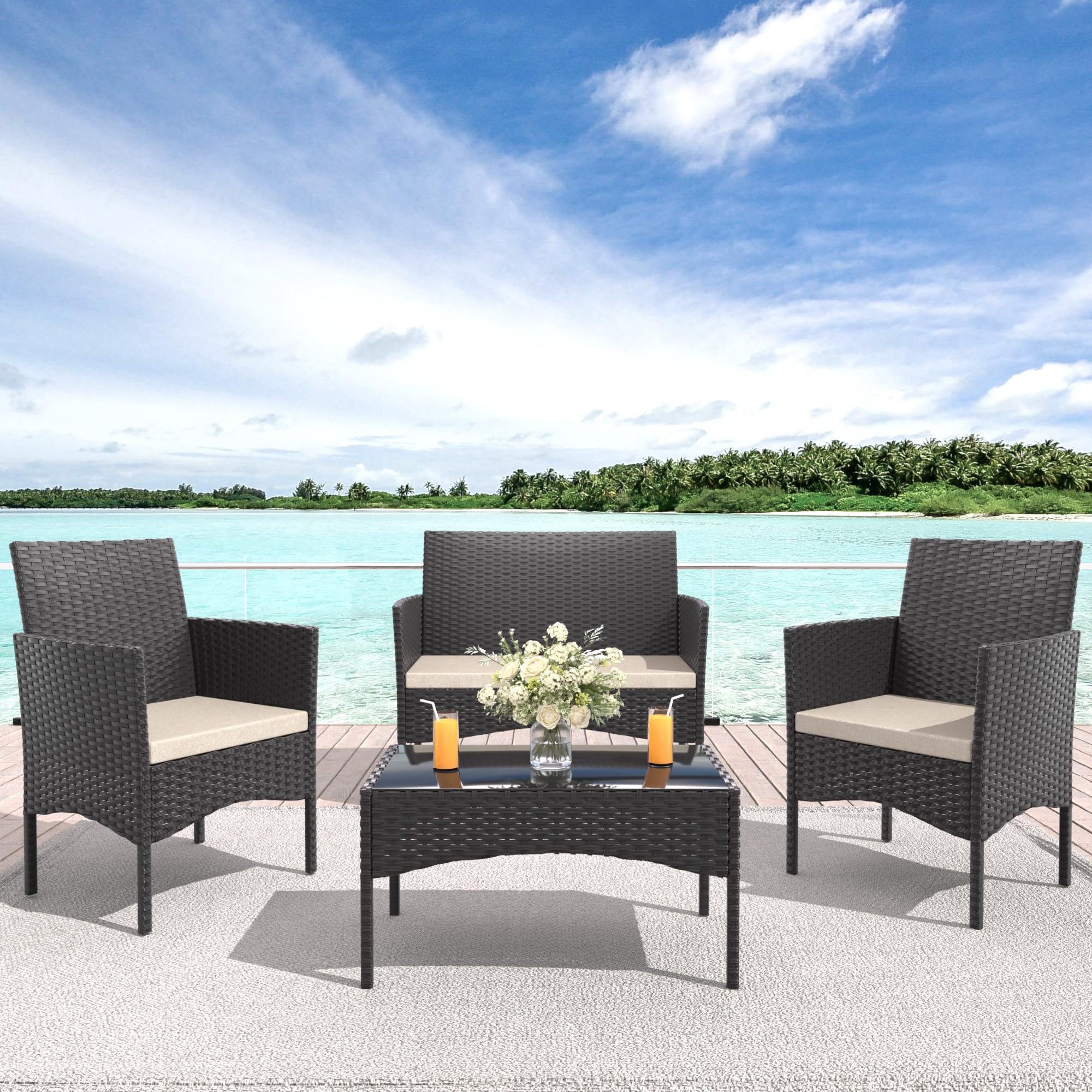 4-Piece Outdoor Patio Furniture Set - Weather-Resistant Rattan Conversation Set with Coffee Table for Backyard, Porch, Poolside - Perfect for Relaxing & Entertaining Guests