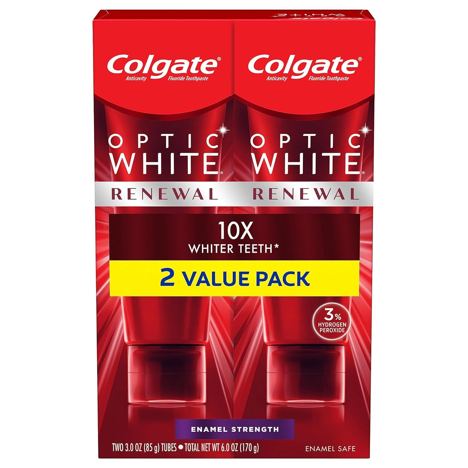 Colgate Optic White Renewal Teeth Whitening Toothpaste - Enamel Strengthening & Stain Removal, 2 Pack (3 Oz Tubes) - Brighten Smile for Date Night & Professional Confidence